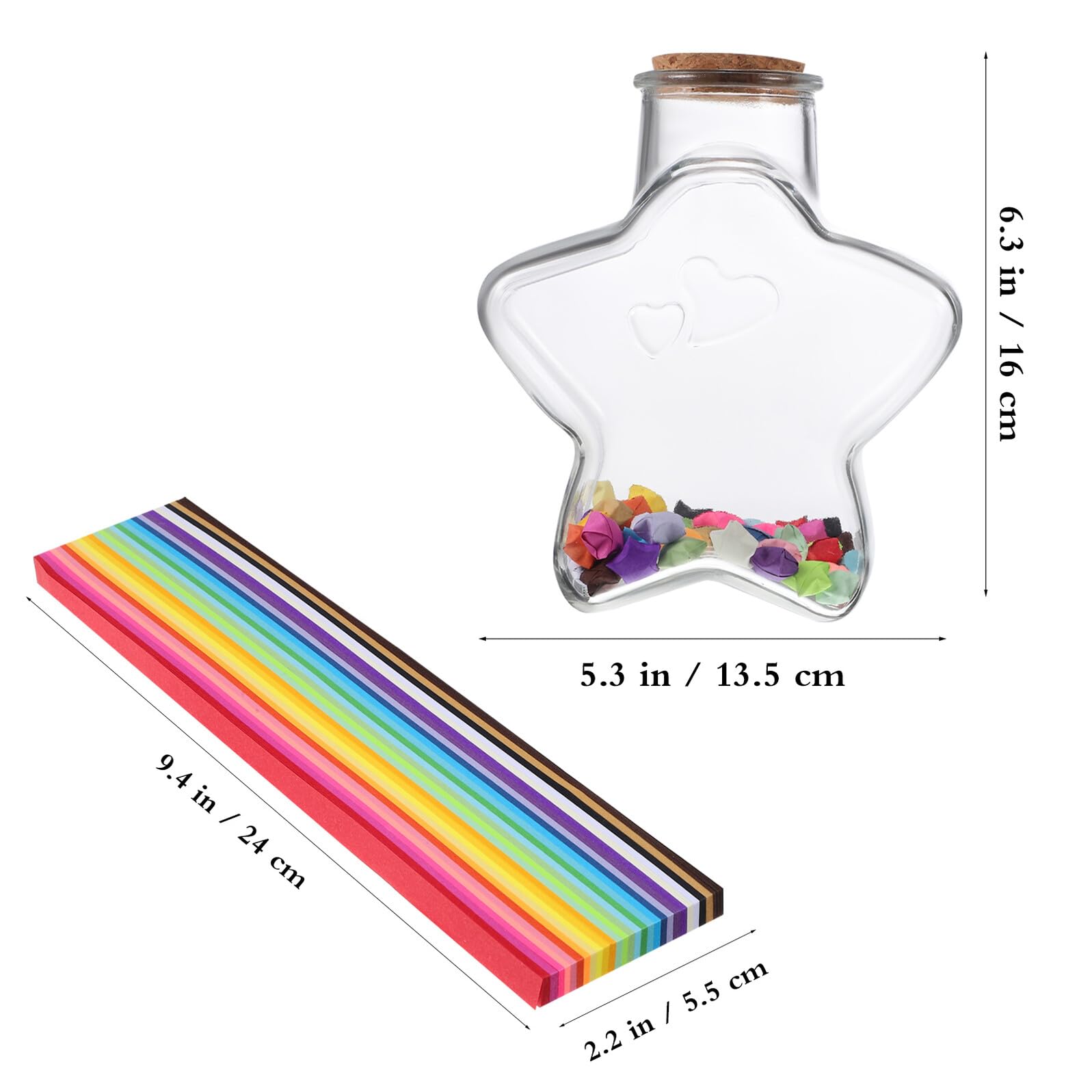 Origami Sternpapierstreifen Satz mit Wunschglas aus Glas und Korkverschluss Bunte Papiersterne für Wohnraumdekoration Selbstgemacht Bastelset als Geschenk für Zufällige Farbe