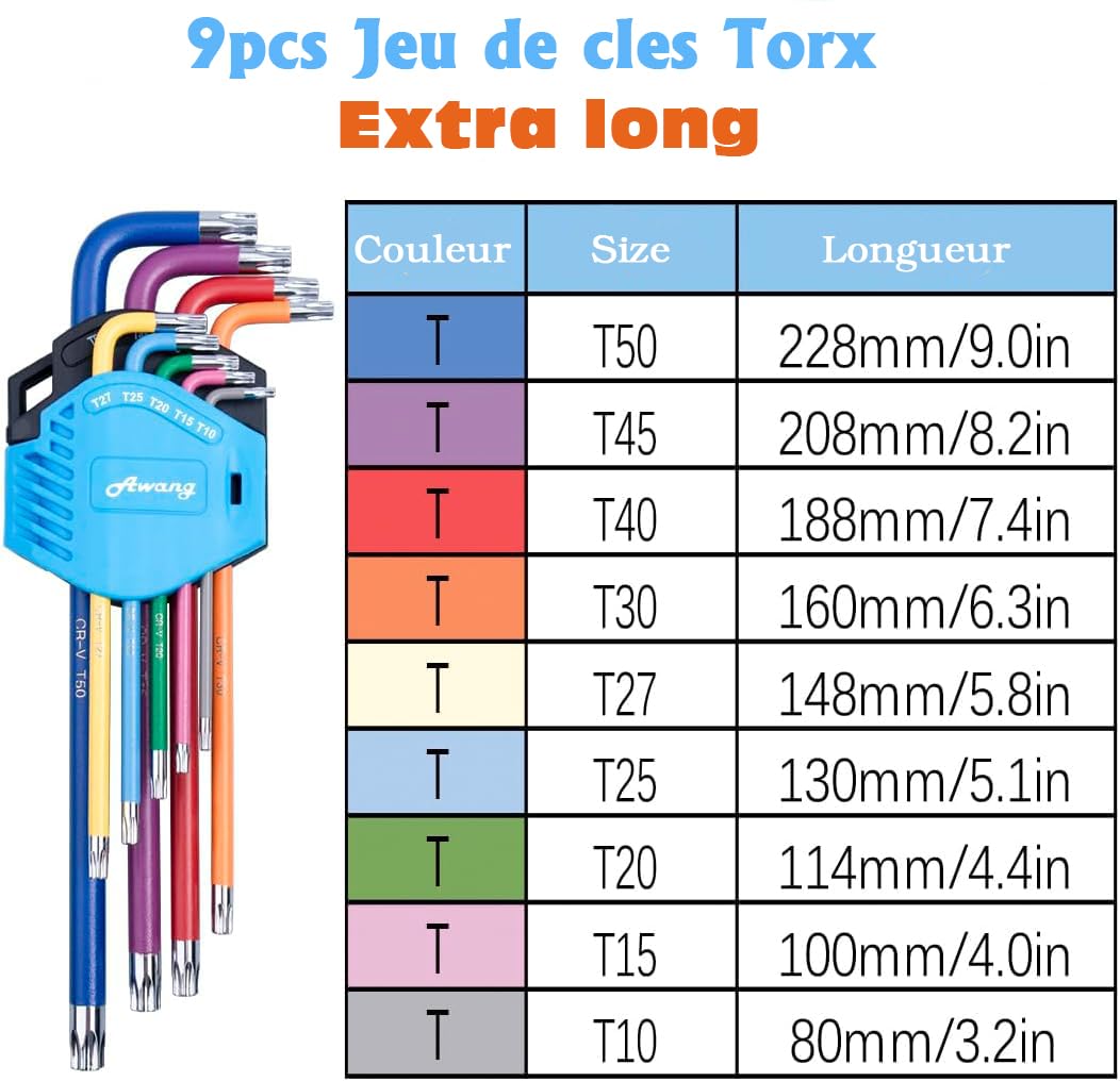 Awang 18 llaves Allen llaves hexagonales 1,5-10 mm y llaves Torx T10-T50 | Juego de llaves hexagonal y Torx Llave hexagonal Torx de acero al cromo-vanadio para reparación de bicicletas, etc