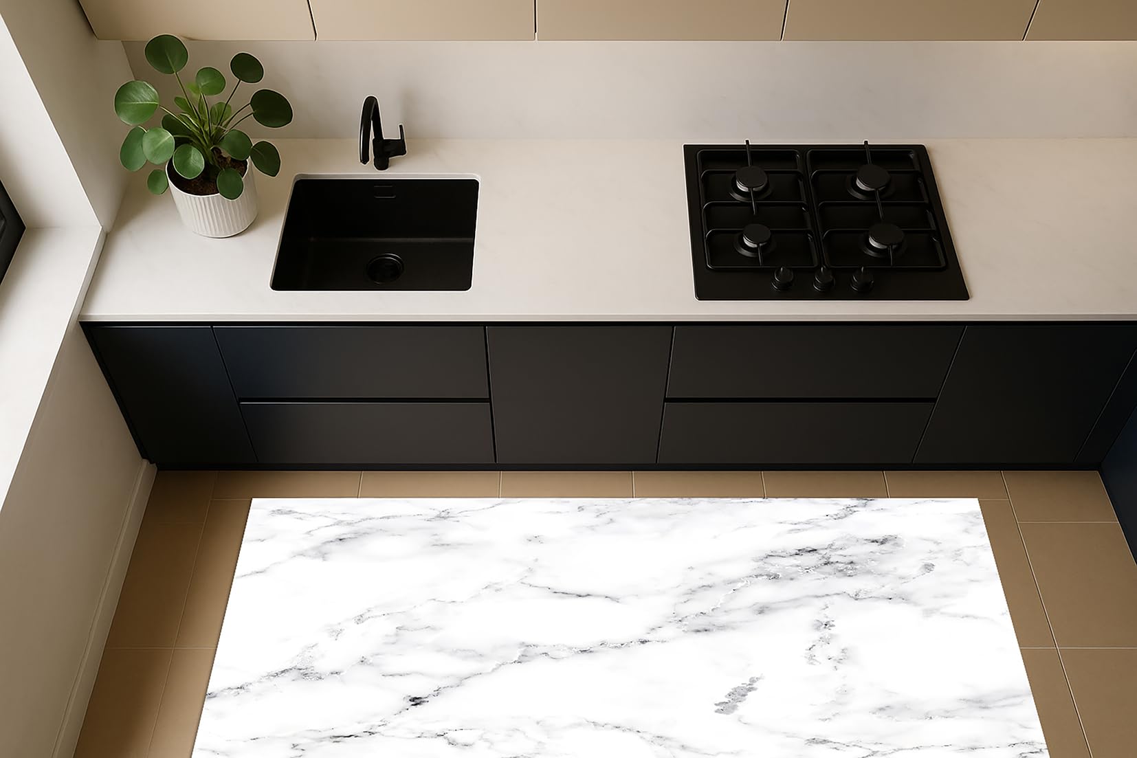 DobleUve Estudio Alfombra Vinílica Textura Marmol Blanco | Color Blanco | 65x140 cm | Alfombra Vinilo Salón | Alfombra Cocina Lavable | Suelo de Vinilo | Alfombra Cocina Lavable Antideslizante