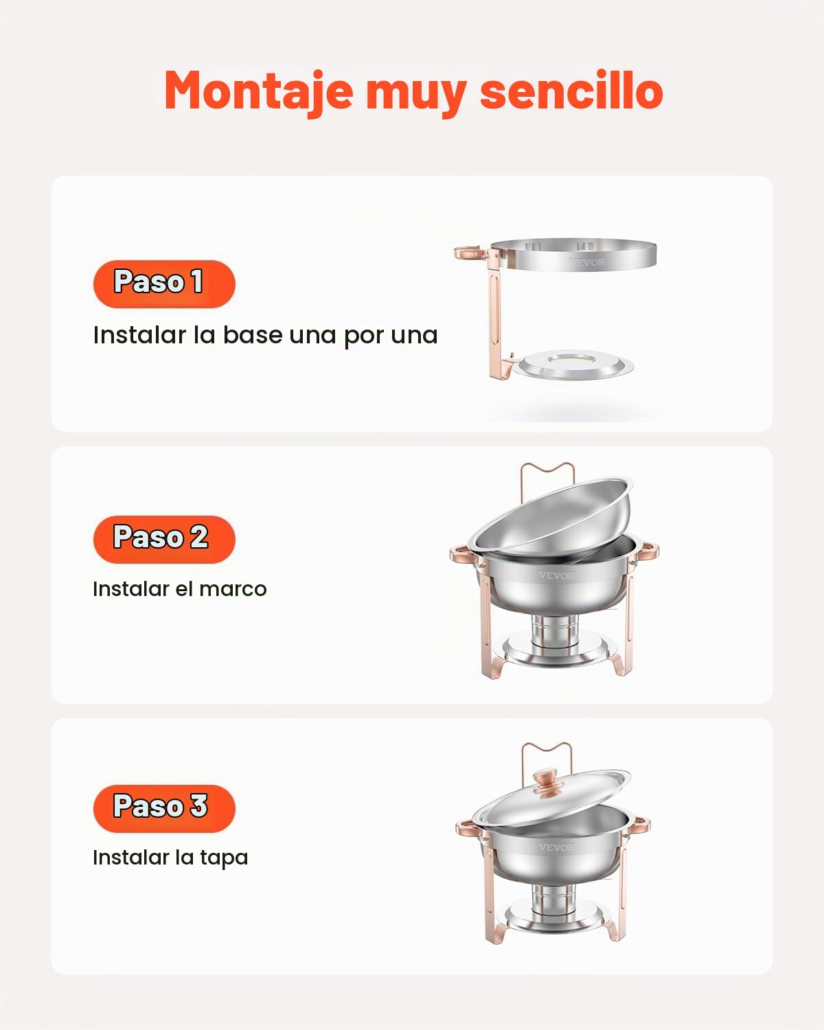 VEVOR Calentador de Alimentos para Bufé con 4 Recipientes de Tamaño Completo(4,7 L Cada Uno), Redondo, para Catering con Tapa, Bandeja de Agua y Soporte Plegable, para Bodas y Fiestas, Oro Rosa