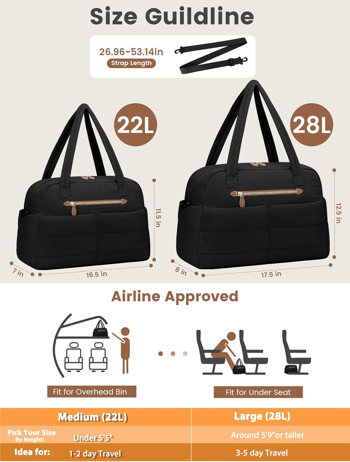 Travel Duffle Bag,Puffer Carry On Duffel Bag with Laptop Compartment Waterproof Overnight Weekender Bags for Women Large Hospital Tote Bags for Labor and Delivery(Medium,Black) - Image 5