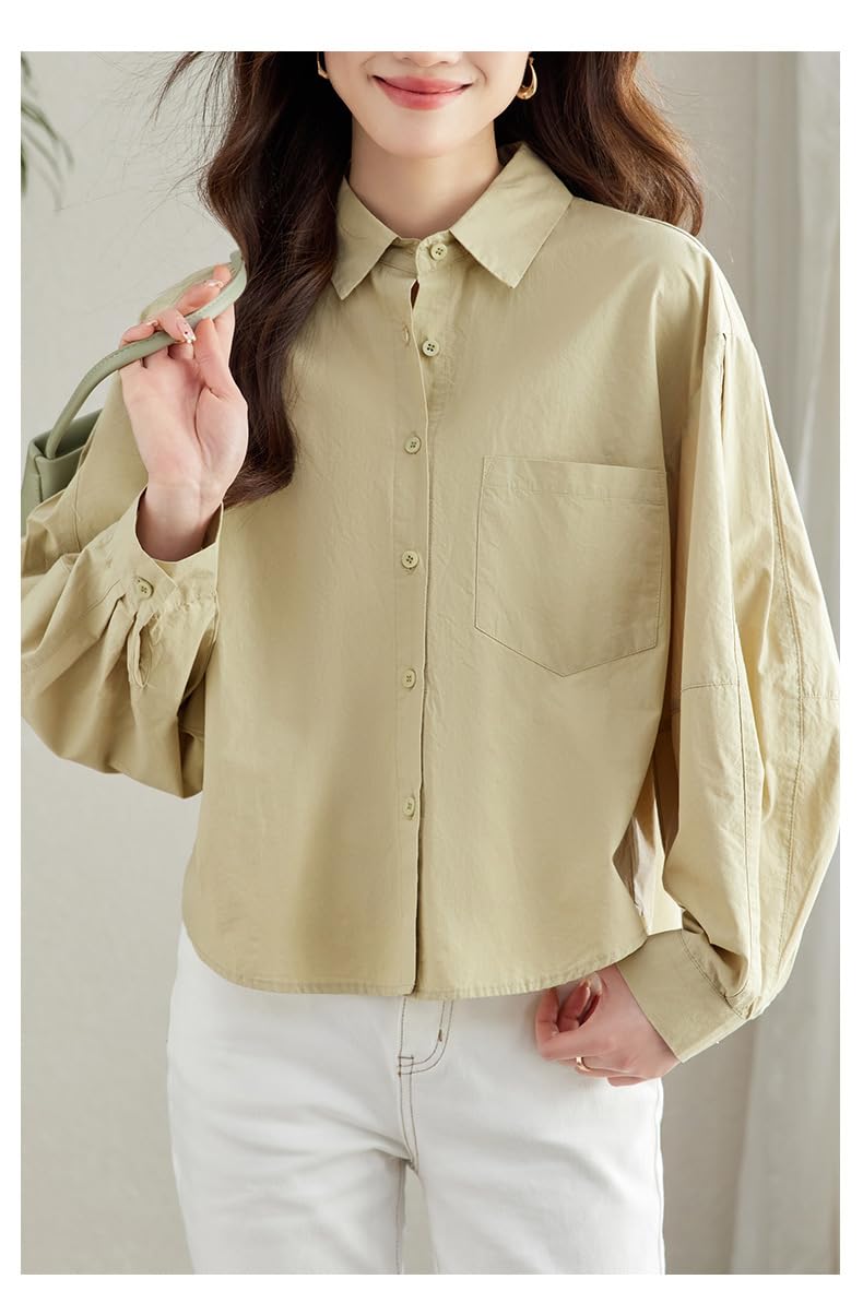 Camisas De Manga Larga De Algodón para Mujer, Blusa Tipo Túnica con Solapa, Botones, Dobladillo Irregular, Verde, con Bolsillo, Informal, Holgada, Elegante, para Verano