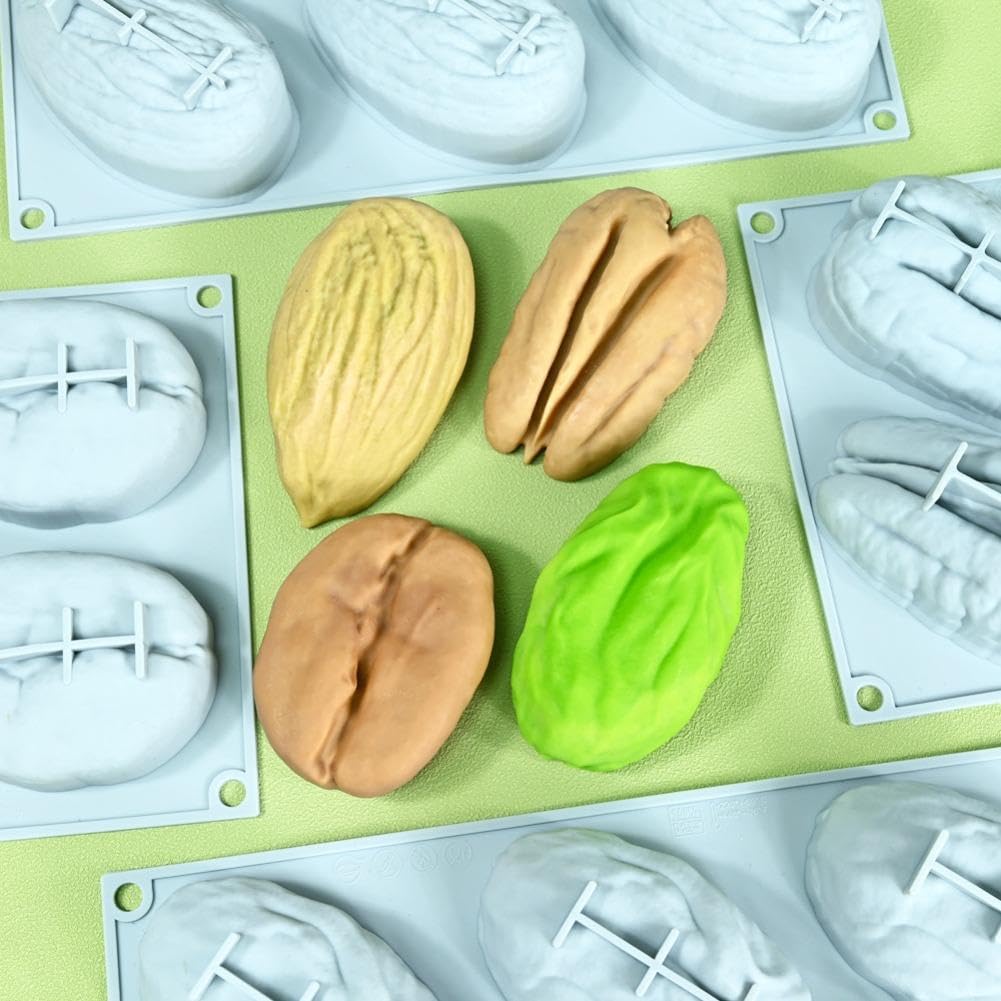 Stampo in silicone a forma di mandorla, pistacchio e chicco di caffè – 6 cavità, teglia da forno, stampo in silicone per mousse e torte al cioccolato e gelatina – facile da rimuovere, adatto al forno - 4