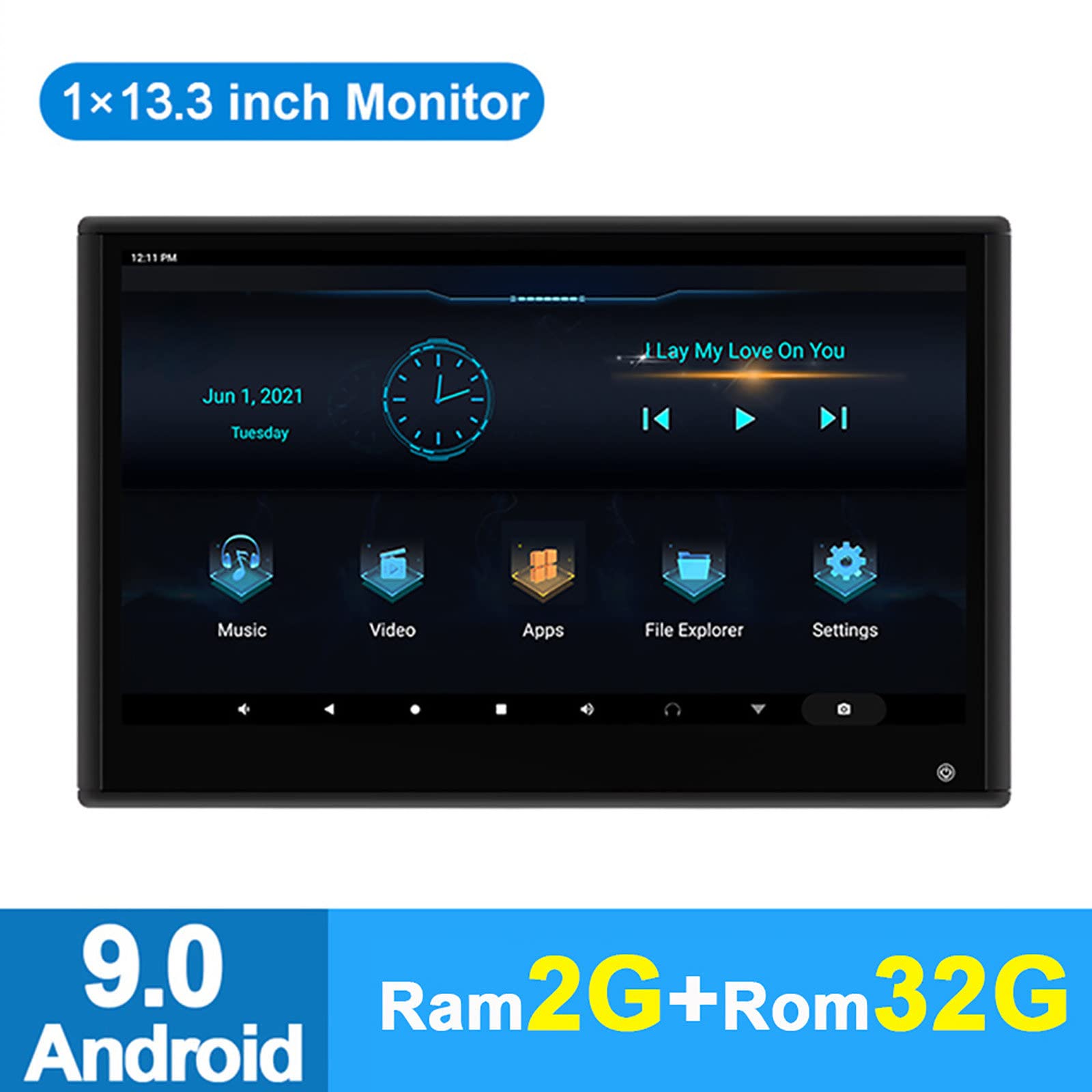 Monitor De Reposacabezas De TV para Coche, Pantalla TáCtil De 13,3 Pulgadas, Reproductor De VíDeo De PelíCula De Tableta, Android 9,0 4K 1080P WiFi Bluetooth USB Hdmi Airplay,Black-32G