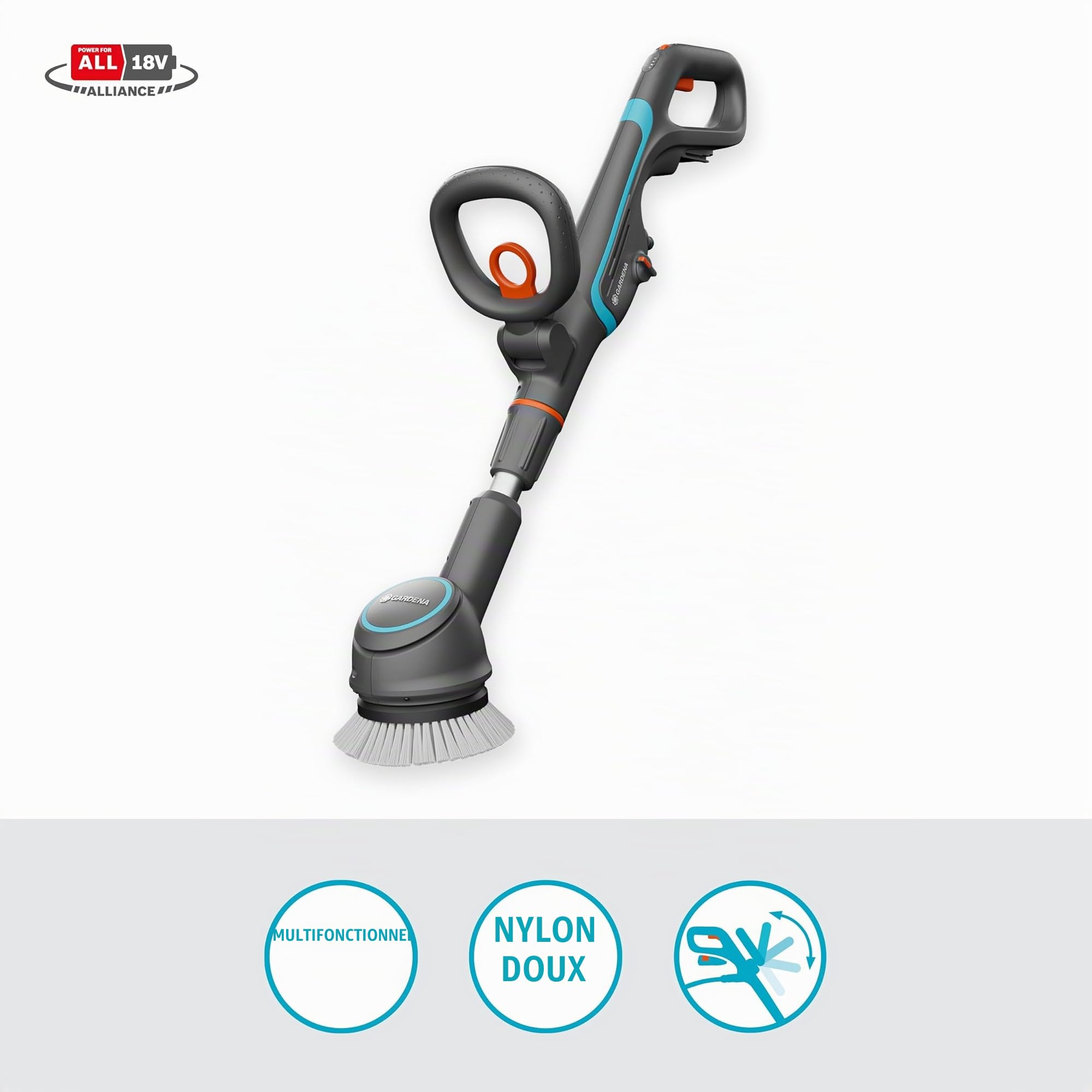 Gardena Nettoyeur de terrasse AquaBrush 18V / P4A - Compact - sans Chargeur ni Batterie: Extérieur, Commande à Un Bouton, Nettoyage Vertical, Ergonomique et réglable, sans Fil (14840-55)