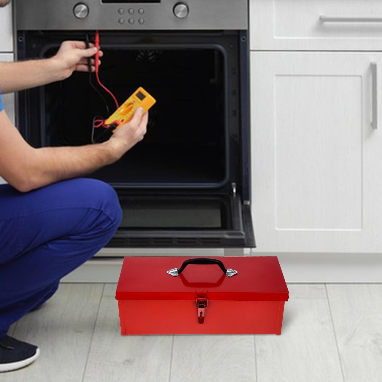 Robusta cassetta degli attrezzi in acciaio rosso, chiudibile a chiave, 39 x 16 x 13 cm, durevole offerta per casa, garage e progetti fai da te, soluzione ideale per riporre strumenti e accessori