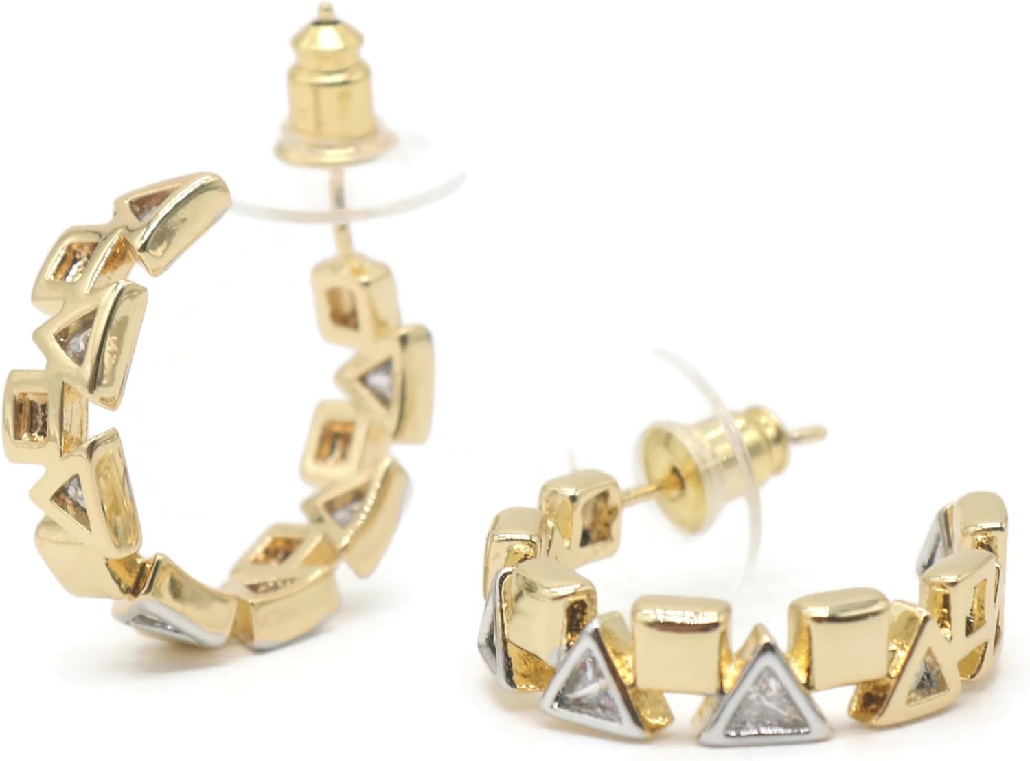 Gold Plated Geometric Hoop Earrings for Women - Modern Triangle and Square Stud Design, Lightweight Statement Jewelry EAR002