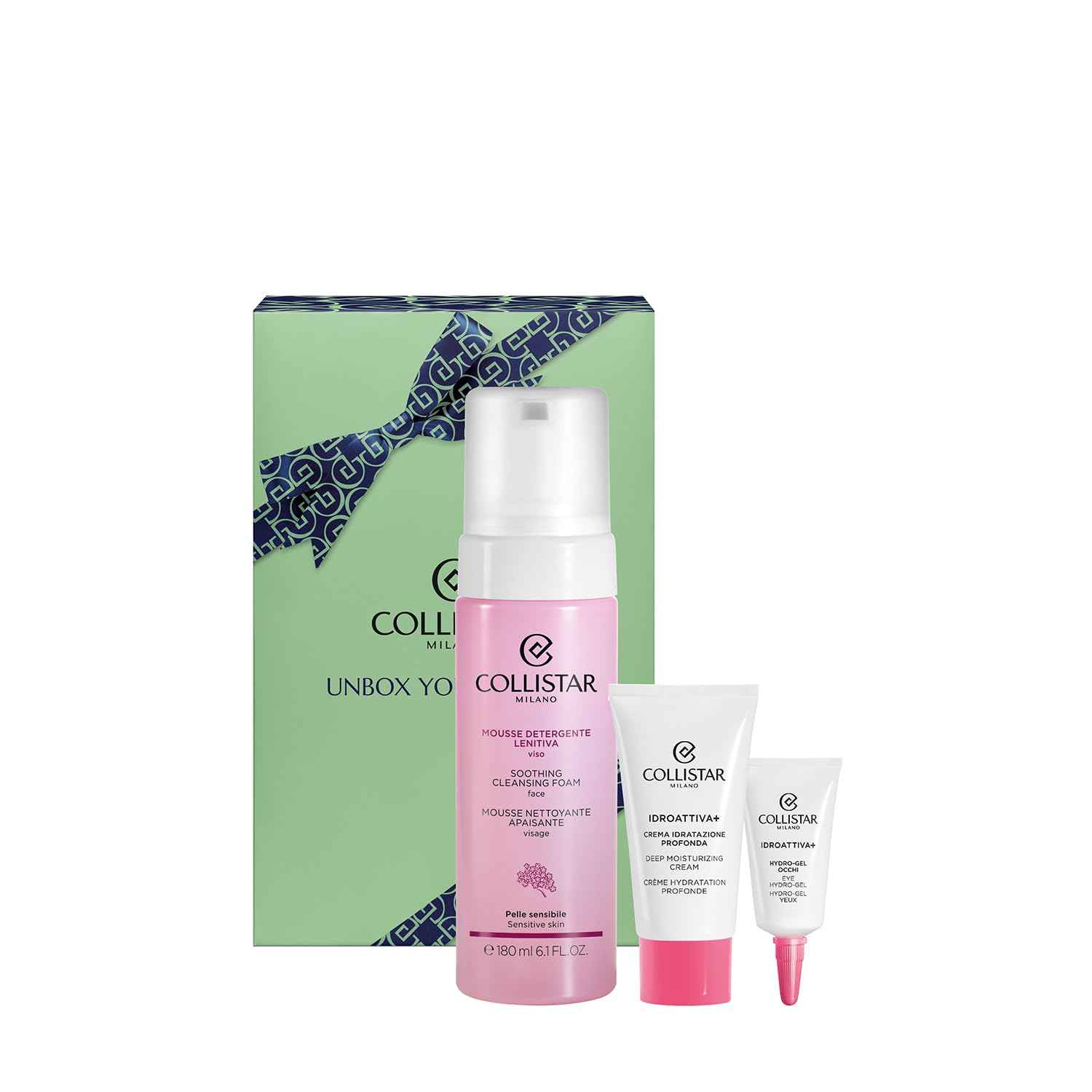 Collistar Cofanetto Regalo Donna Viso Idroattiva+ con Mousse Detergente Lenitiva 180ml + Crema Idratazione Profonda 25ml + Hydro-Gel Occhi 5ml – Idratante, Lenitivo, Naturale