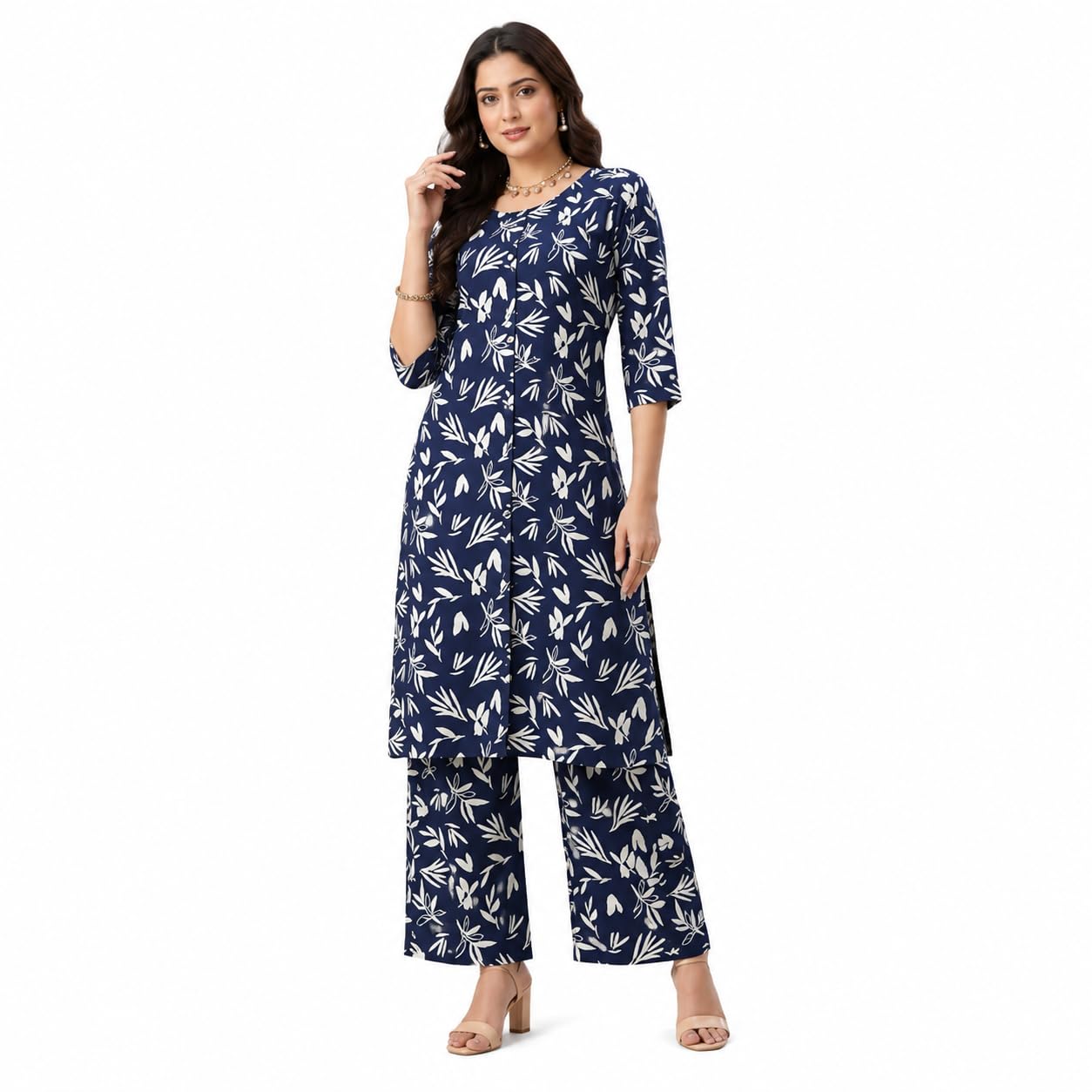 Women’s Navy Blue Printed Co-Ord Set with Wide-Leg Pants | Premium Cotton Botanical Leaf Print Top | Round Neck 3/4 Sleeve Button-Down Shirt Style | Casual & Summer Wear-image-30