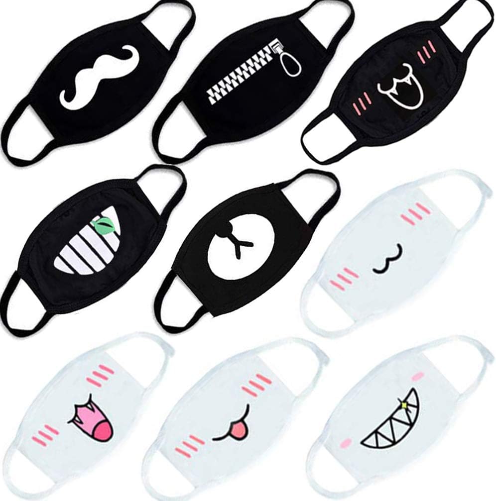 9Pcs Unisex Cartoon Cotton Mouth Mask for Girls Kawaii Cute Anime Kaomoji Emoticon Pattern Two Layers Cotton Face Mask Anti-dust Mask Face Cover Mask for Kids Men Women