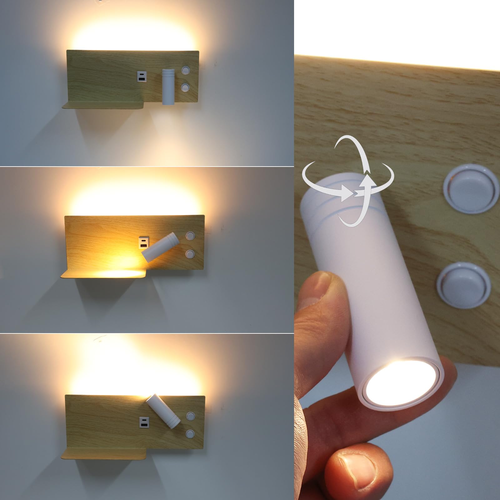 Alpinaluz Aplique de Pared con Foco Derecho, Luz LED de Lectura y Ambiente 2700K, USB-C y USB-A, Repisa para Móvil, Acero con Acabado Madera Clara, Doble Interruptor para Dormitorio Cabecero