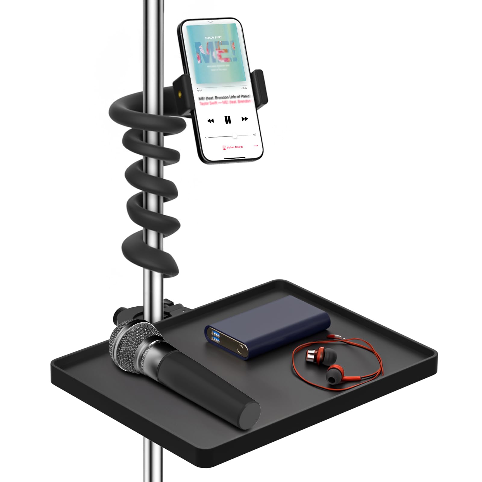 Universal Microphone Stand Tray with Flexible Mic Stand Phone Holder for Music Sheet, Live Streaming, Karaoke with Phone Holder for 3.5"-7.5" Smartphones