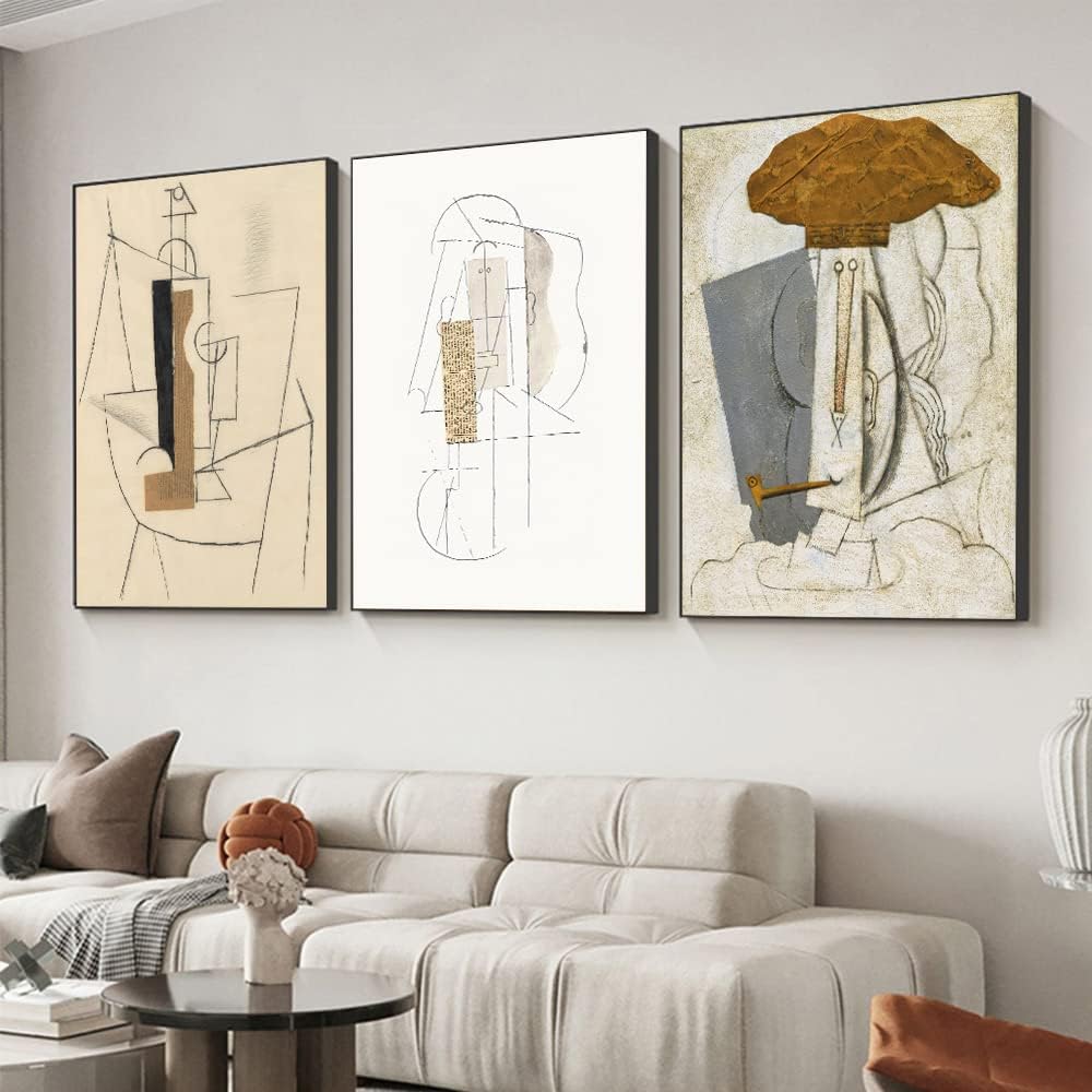 FCHUI Modern Aesthetic Decor 24 x 32 Framed Wall Art,Neutral Black, White And Gray Abstract Lines Color Block Canvas Posters  Prints, Home Wall Decor Natural Living Room Bedroom Bathroom