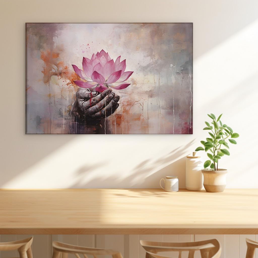 Art Wall: The Embrace Of Tranquility And Chaos - a Hand Cradling a Luminous Lotus Amidst Vivid Colors. Interior Decor, Canvas Art Design, Art Apartment Decoration. Size: 69x46 cm (27x18 inch)