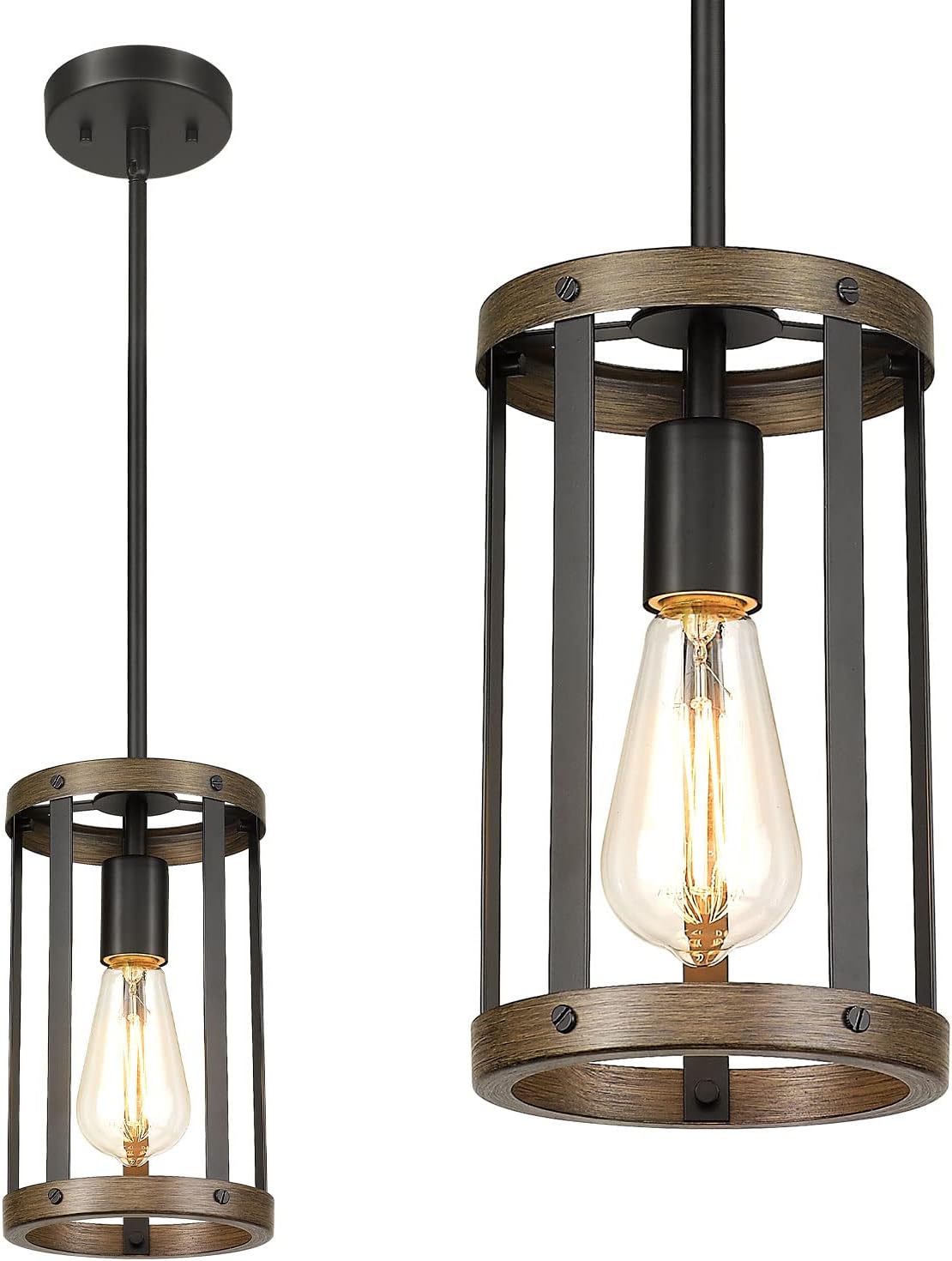 EAPUDUN Farmhouse Pendant Light, Adjustable Hanging Light Fixtures with Matte Black and Wooden Grain Finish, Hanging Ceiling Lamp for Kitchen Living Room Bedroom Hallway, PDA1141-FBDT