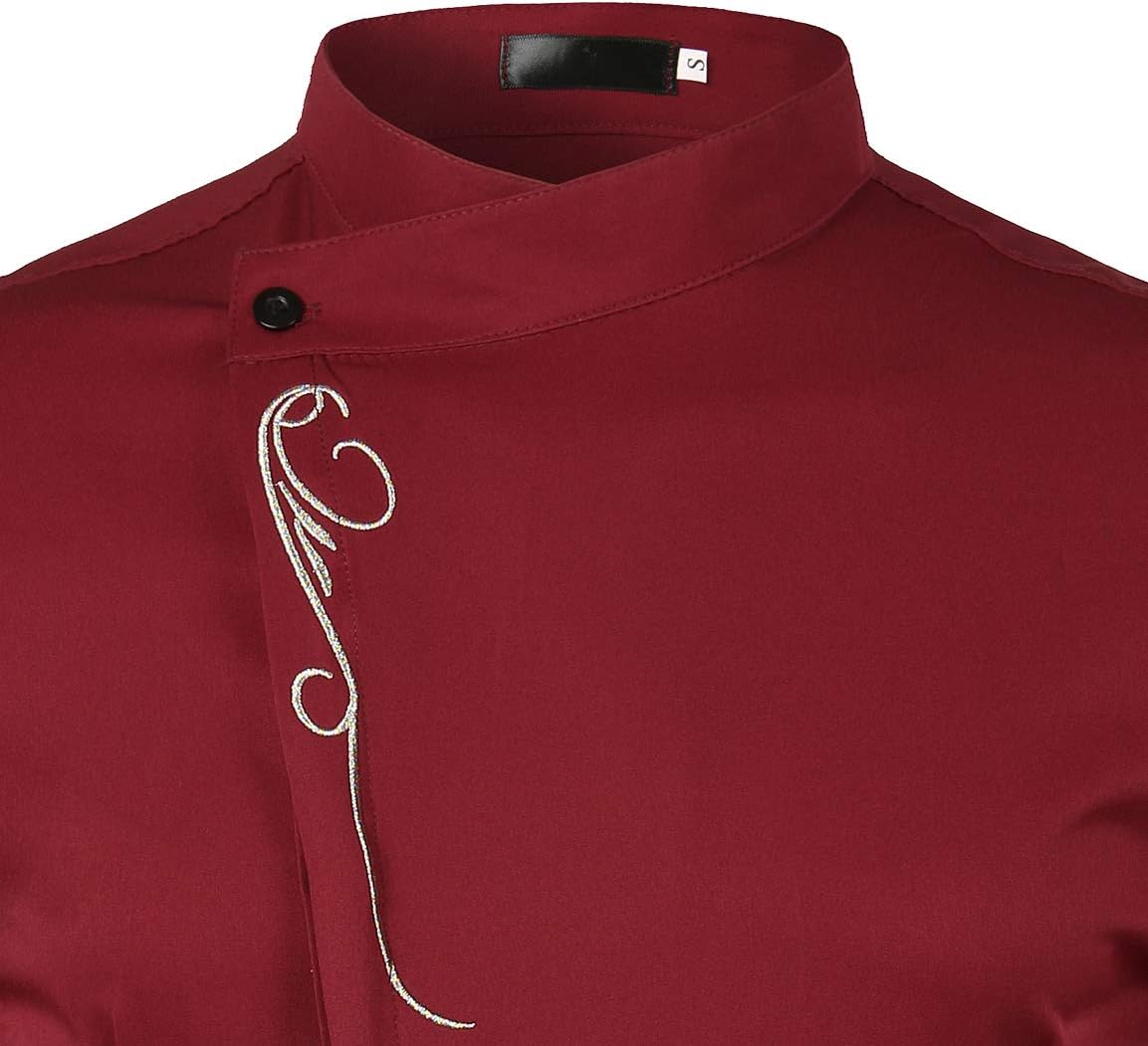 ZEROYAA Mens Hipster Gold Embroidery Mandarin Collar Slim Fit Long Sleeve Casual Dress Shirts - Image 3