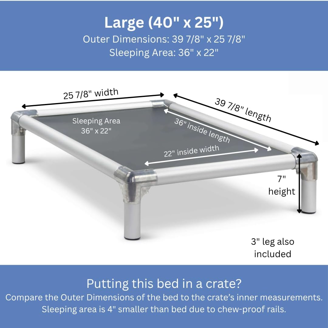 Kuranda Chewproof Elevated Crate Bed - Silver Aluminum - 40" x 25" - Vinyl - Smoke