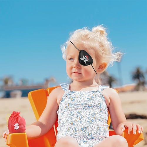 Miniatura 7 de Juego de accesorios de disfraz de capitán pirata para niños, sombrero de pirata negro, diadema, parches de máscara de ojos, monedas, monedas,