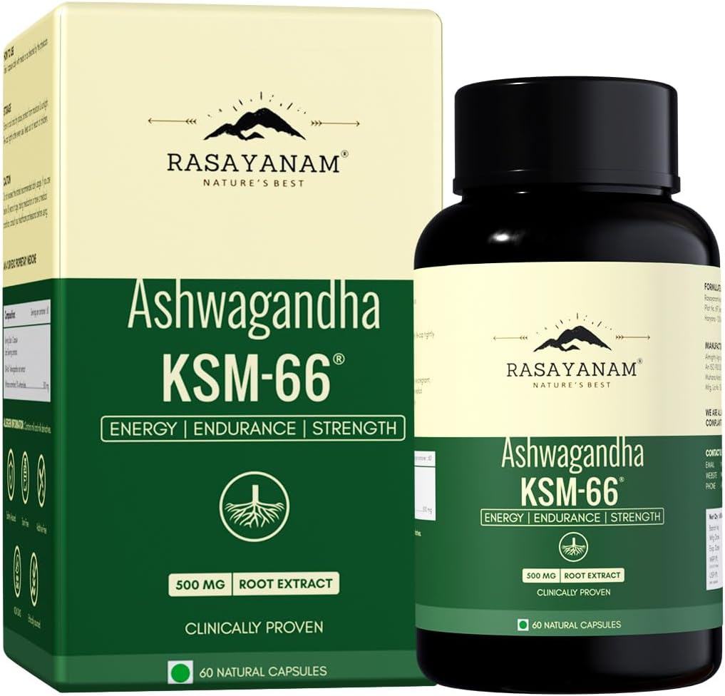 Rasayanam Ashwagandha KSM-66ยฎ | 5% Withanolides for Max Results | Clinically Proven 100% Pure Root Extract | Stress Relief, Energy & Recovery Support | Worldโs Strongest Ashwagandha | 60 Capsules