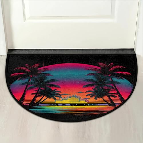 Miniatura 7 de Synthwave - Tapete semicircular para puerta, antifatiga con palmera, antideslizante, tapete de baño semicircular, tapete de cocina suave y