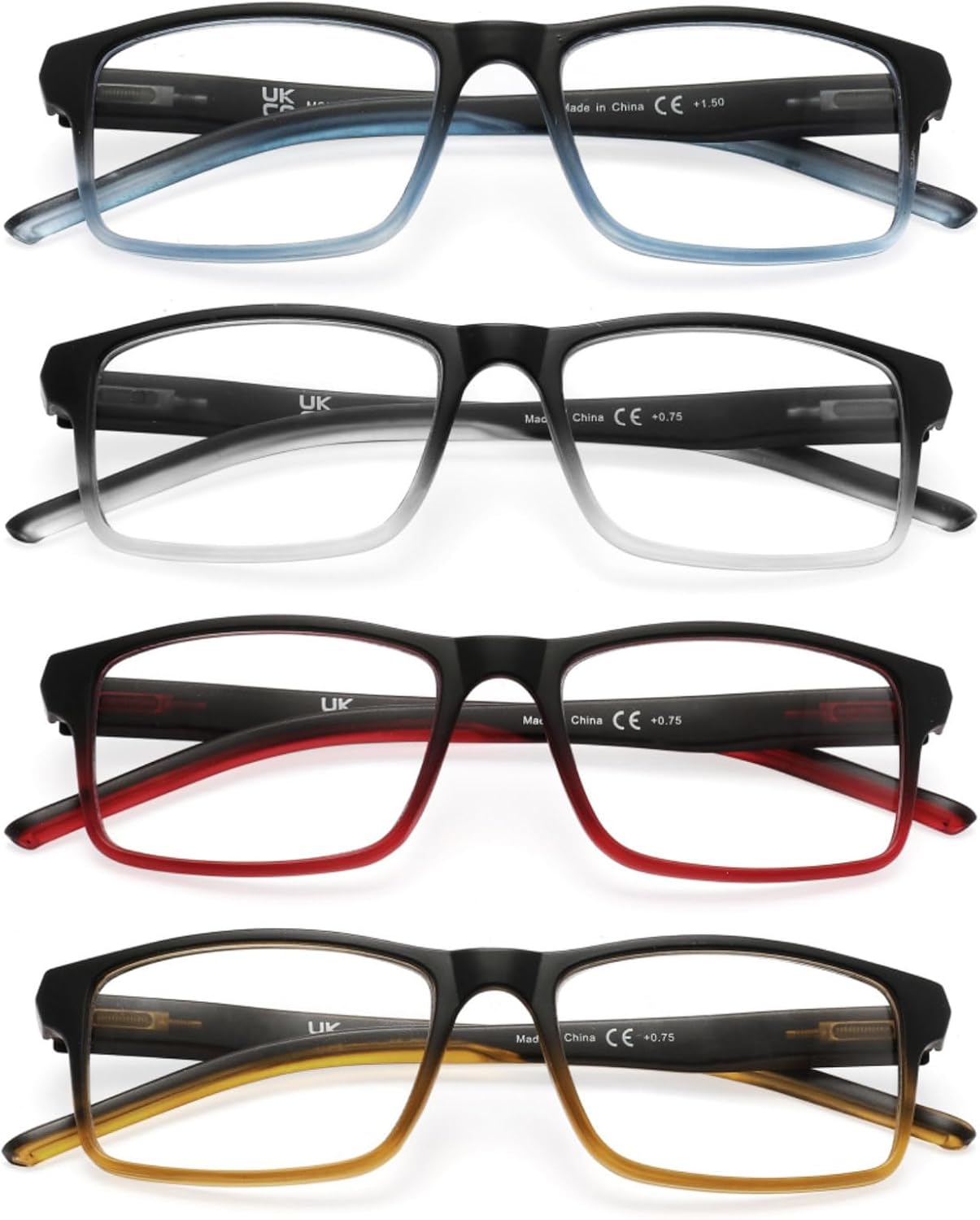 MODFANS Reading Glasses 4 Pack, Blue Light Blocking Readers, Anti Glare, UV Protection, Lightweight Comfortable Unisex Two-Tone Frames with Spring Hinge, Rectangular Design 2.0