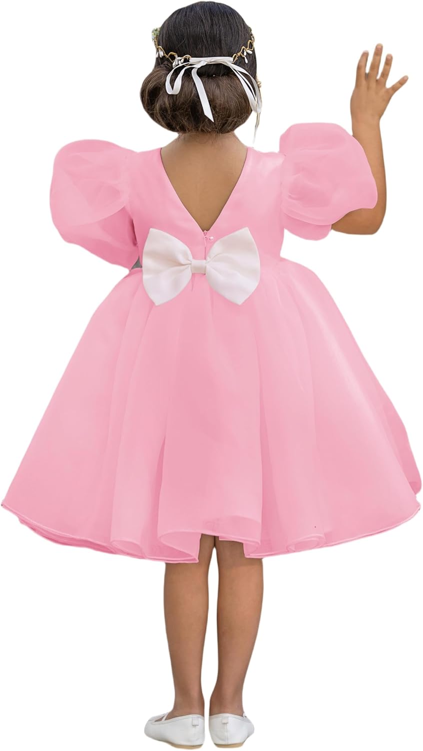 LalaMira Flower Girl Dress Organza Toddler Dresses Puff Sleeve & Bow Bcak Girls Princess Dress for Wedding Birthday Party