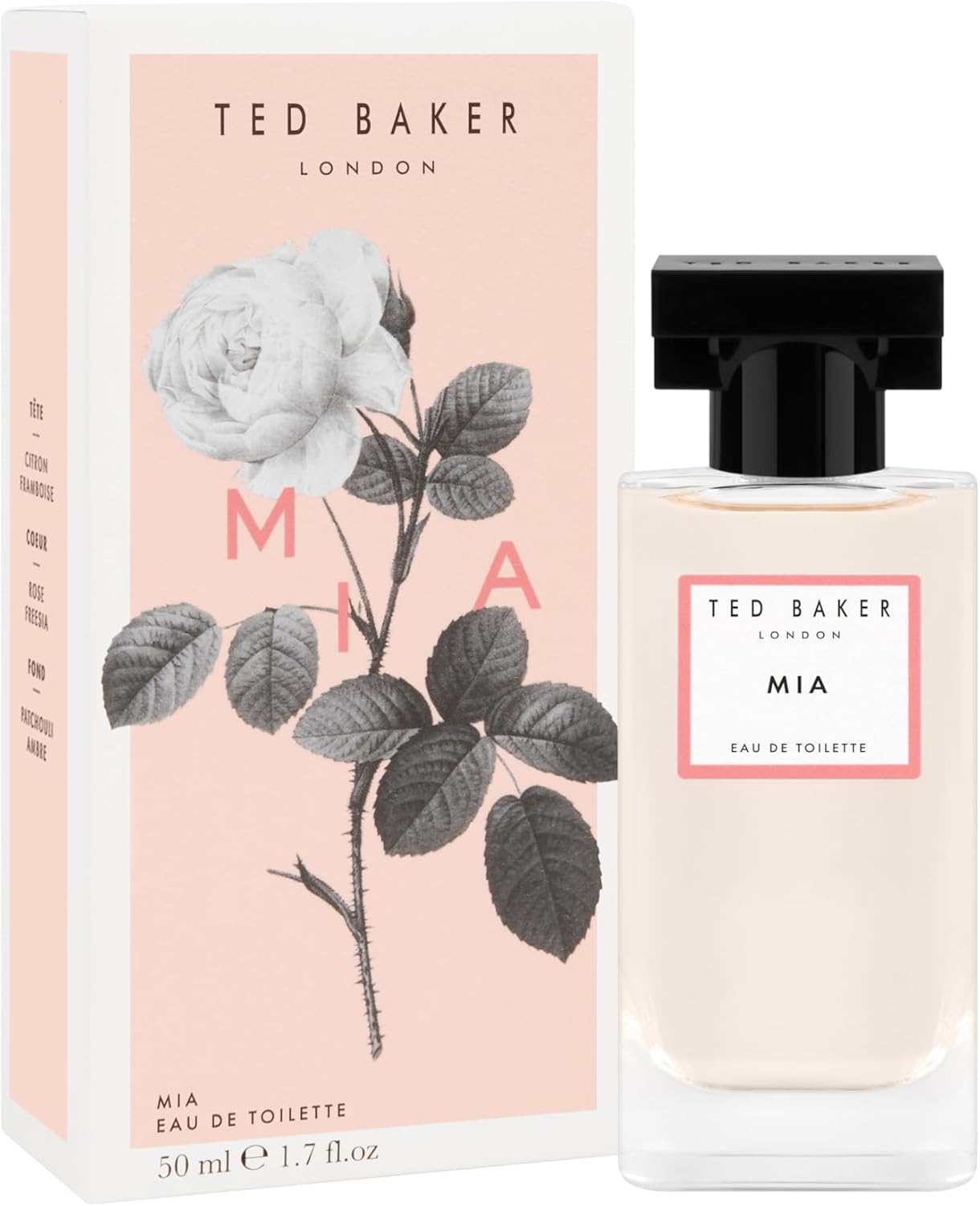 Ted Baker Floret Mia EDT, citrus, sweet raspberry and rose top notes with patchouli and amber base notes, glass bottle, Mia fragrance, 50ml