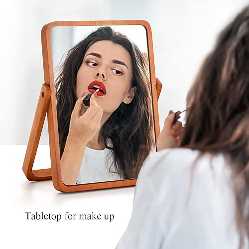 Miniatura 5 de DEAYOU Paquete de 2 espejos con soporte de madera, espejo de maquillaje de rotación, espejo cosmético de pie de 10 pulgadas, espejo de mesa de