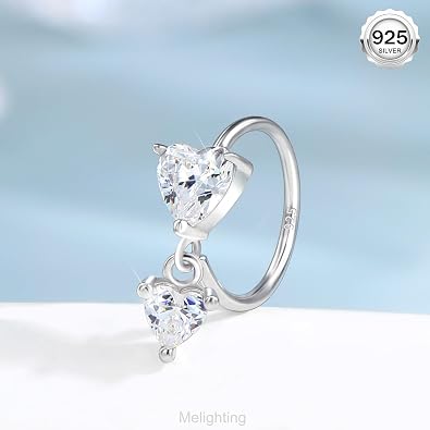 Melighting 20G Nose Ring 925 Sterling Silver Heart Nose Hoop Ring Seamless Open Dangle Helix Piercing Clear CZ 8 mm Cartilage Earring Nose Piercing