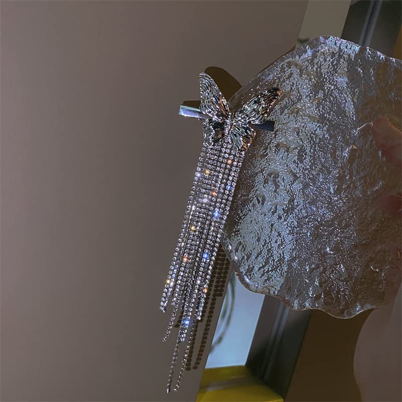 Miniatura 8 de E EMZHOLE Pinzas para el cabello de mariposa plateadas con diamantes de imitación, diseño de moda, accesorios para el cabello, cadena larga de borla