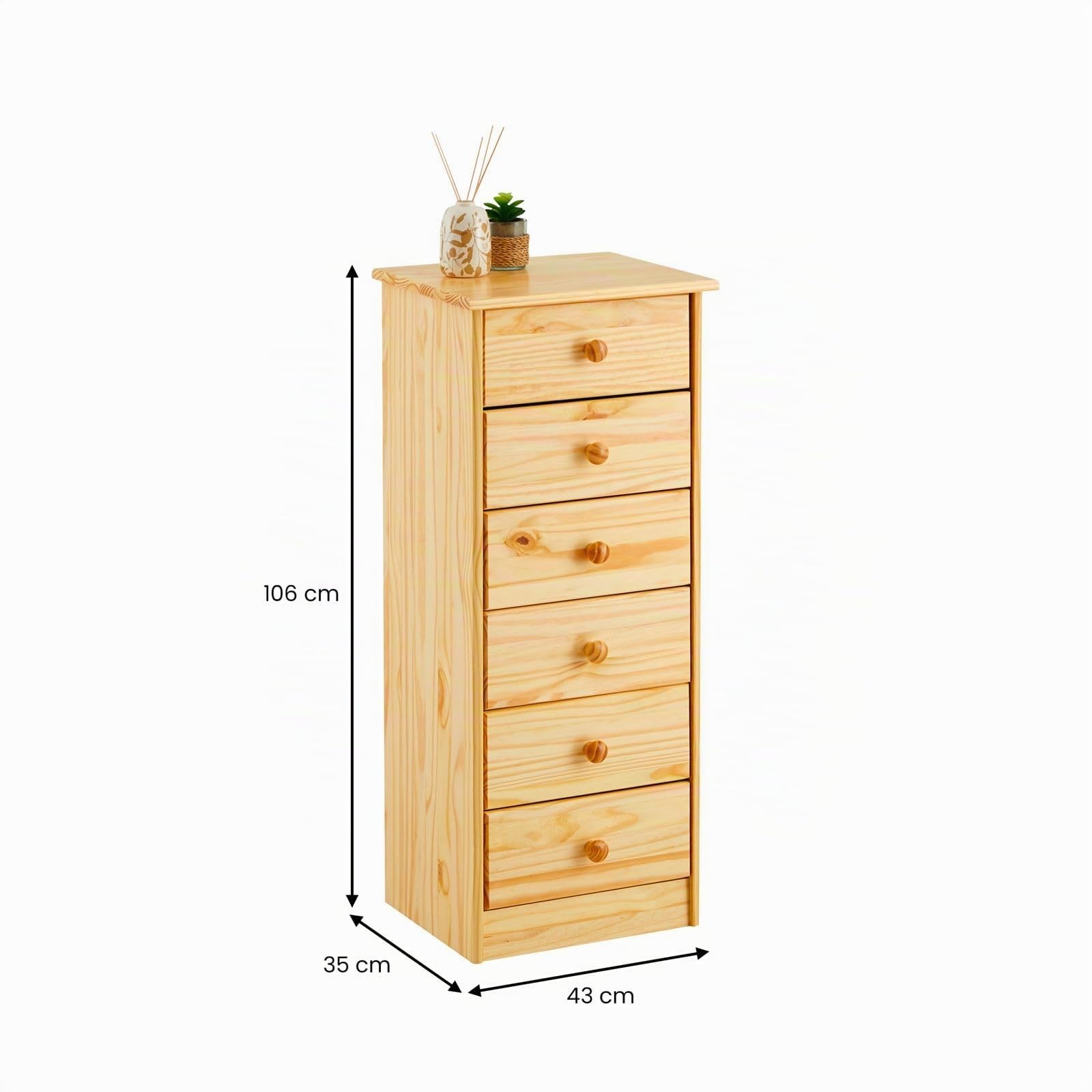 IDIMEX Kommode Hochschrank Anrichte Rondo, 6 Schubladen, Kiefer massiv, Natur lackiert