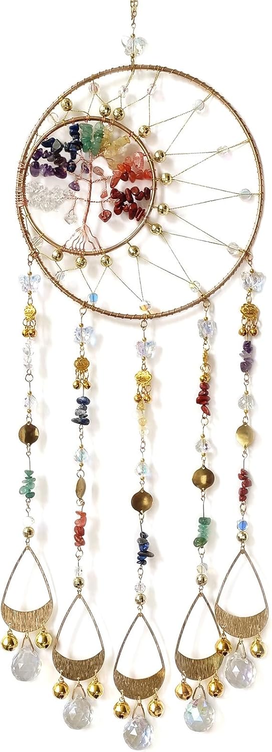 Colorful Tree of Life Dream Catcher with Crystal Pendant | Handmade, Wall Decor, Wall Hanging Ornament, Bedroom Living Room Home Decor