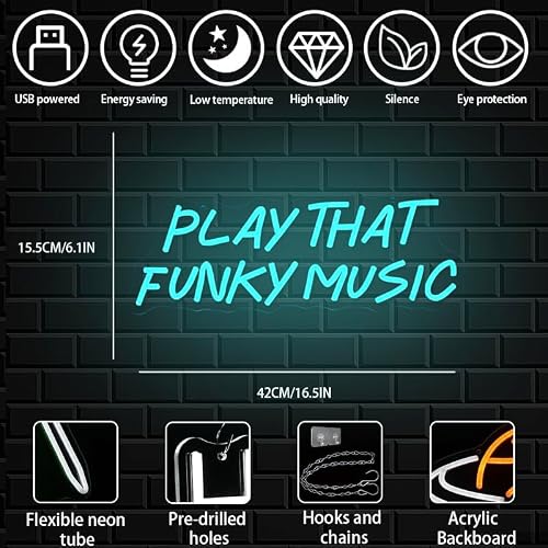 'Play That Funky Music' neonowy znak do dekoracji ścian, przyciemniana, niebieska litera, neonowa lampka, zasilana przez USB, do sypialni, klubu, na imprezę, do baru, jaskini, pokoju muzycznego