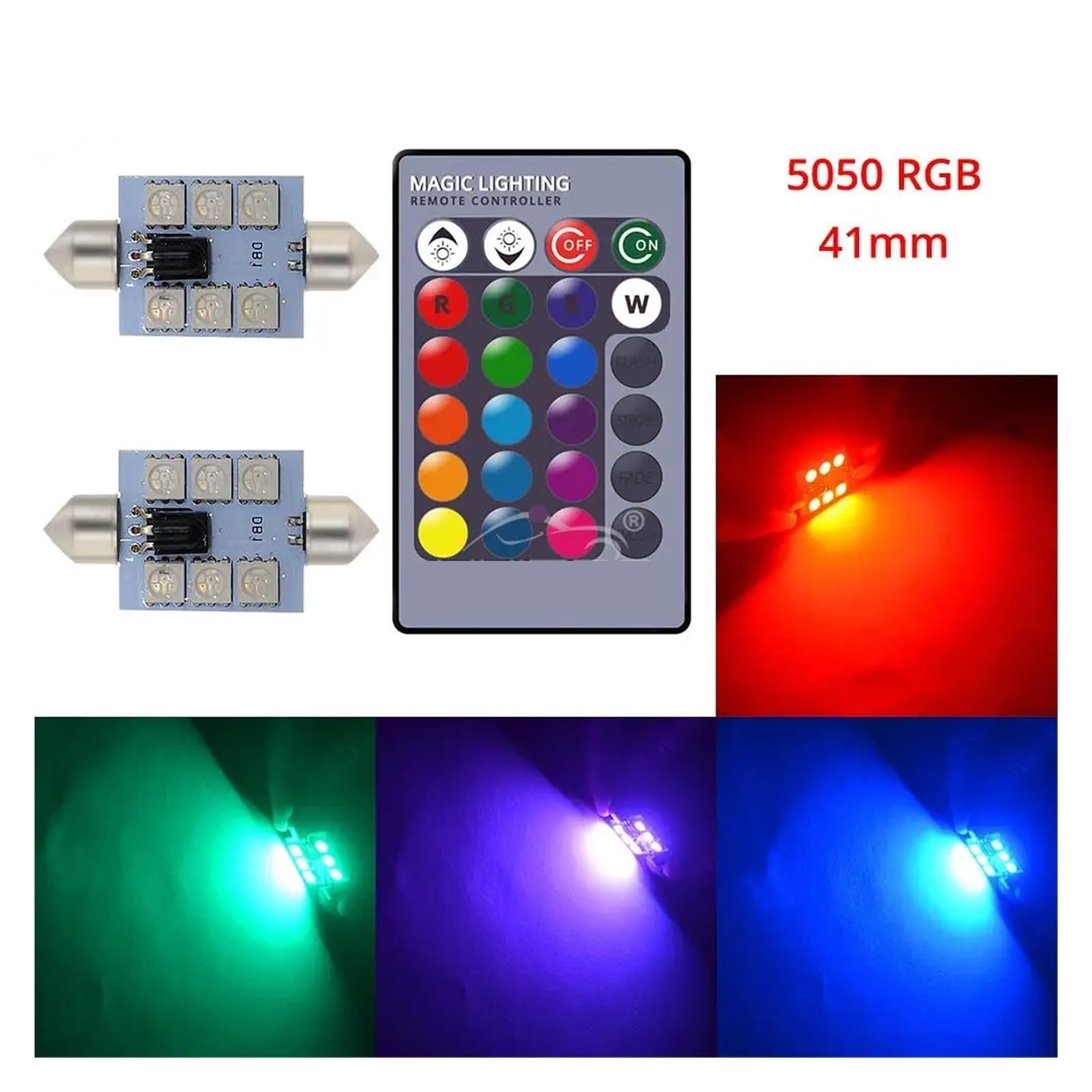 Luz Lectura Interior Trasera 2 Uds RGB 6SMD Techo Cúpula Lámpara Lectura Interior C5w Atmósfera Controlada Control Remoto Led Luces Bienvenida Señal Giro Bombilla Maletero(41mm)