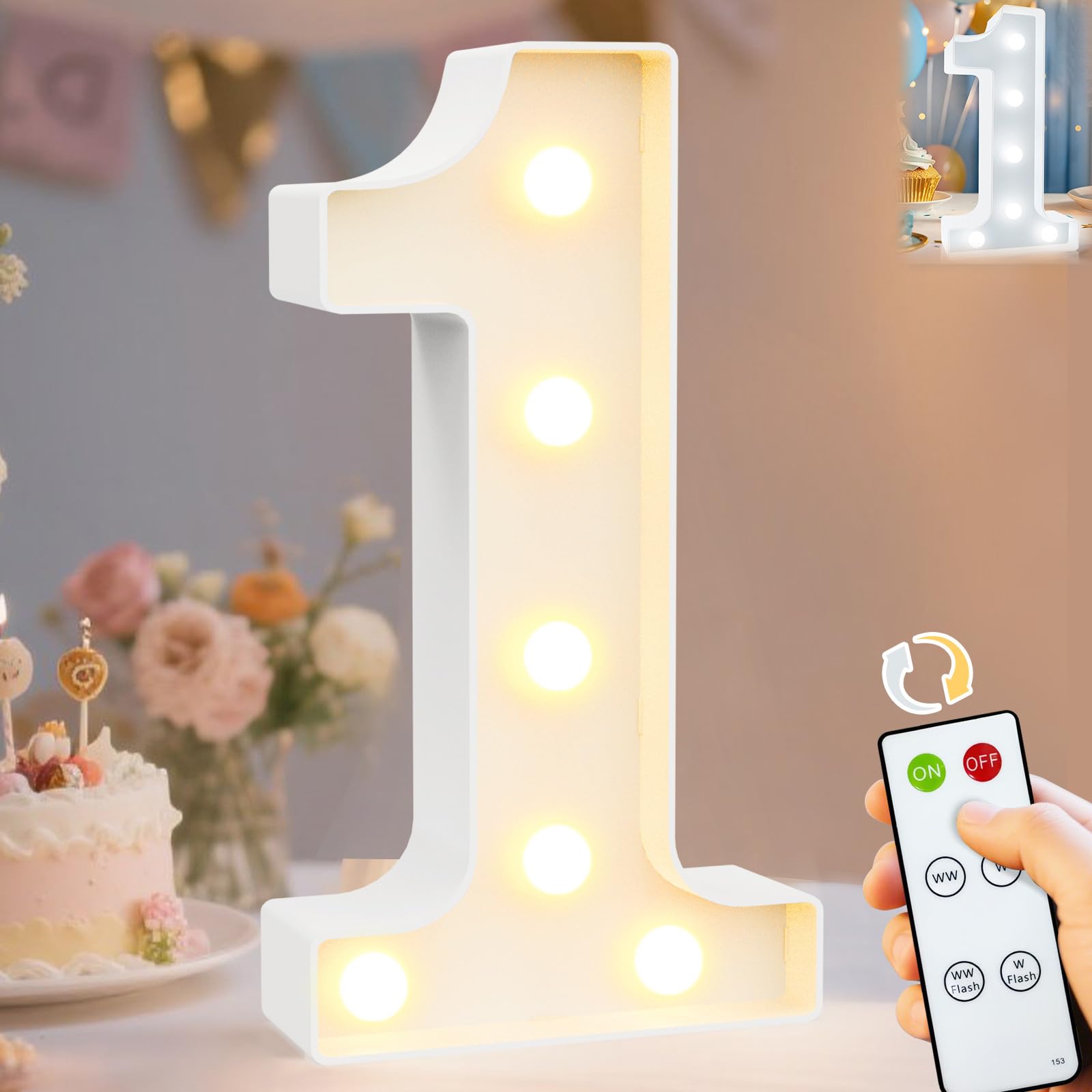 Pooqla LED Light Up Numbers, Marquee Number with Remote for 1st Birthday Decoration, Lighted Numbers Gift for Boys Girls Party Backdrop Wedding Anniversary Decor, Warm White and Cool White Number 1