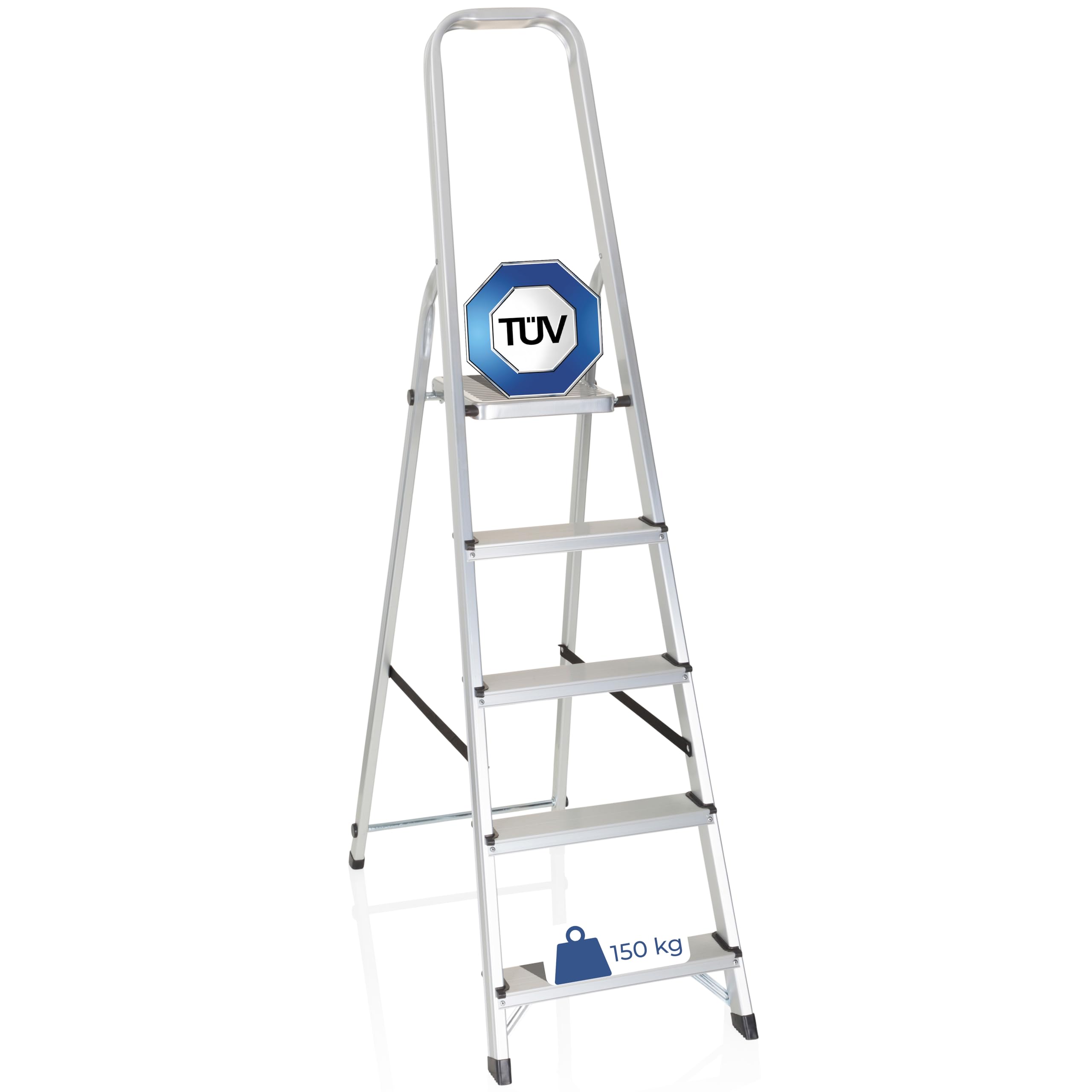 hjh OFFICE 801100 Escalera Aluminio 5 Peldaños Plegable Solid III Escalera de Mano hasta 150 kg, Antideslizante, Ligera y Resistente, Uso doméstico