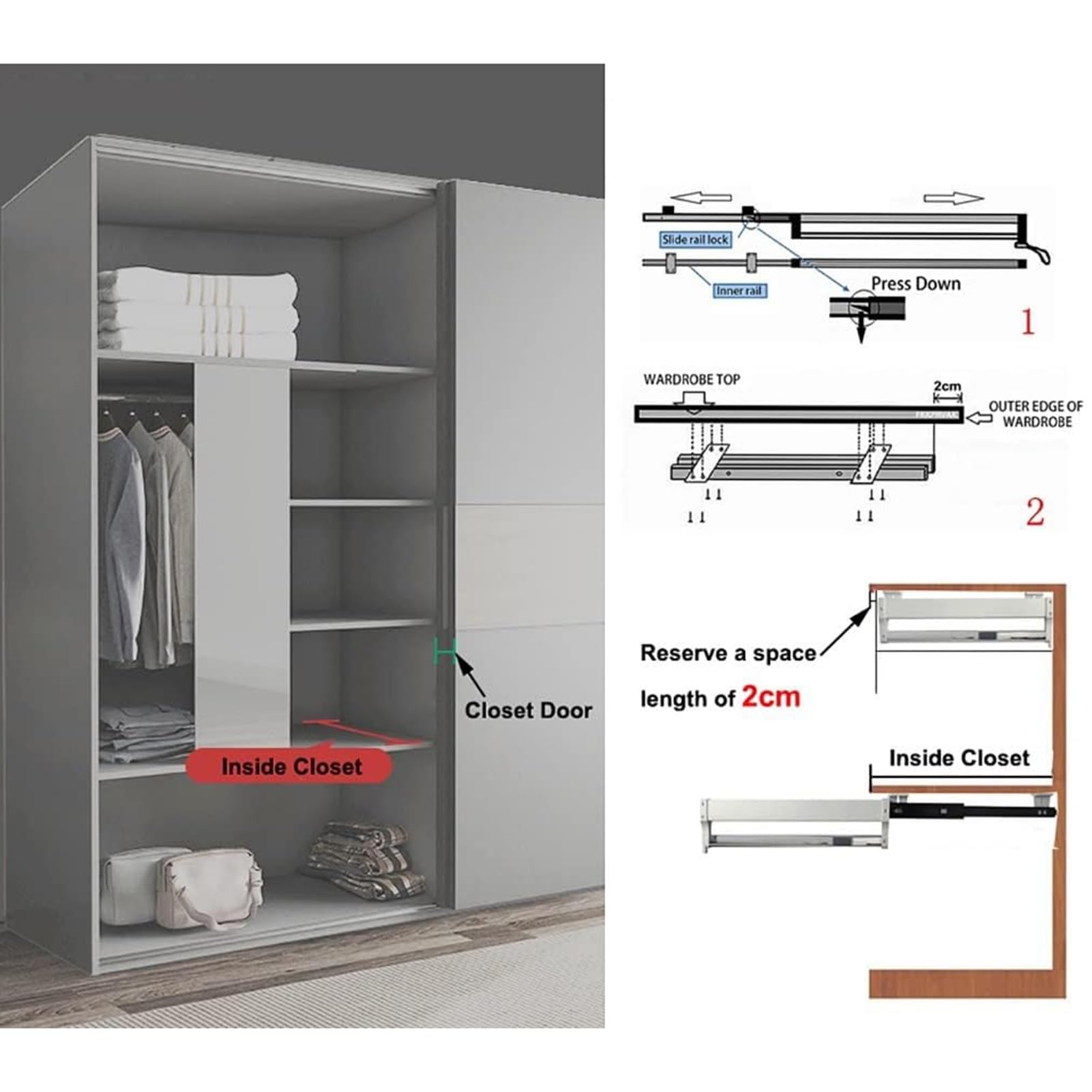 Rozkładana szafa szafy przesuwana-regulowana szyna ubrania 30-60 cm, organizator wyciągający do płaszczy i spodni, ratujący przestrzeń wieszak na wieszak (350 mm/13,7 cala) LWX