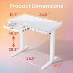 HUANUO Bureau en verre avec tiroirs, 35 x 20 Bureau électrique réglable en hauteur de pouce, Installez rapidement une table avec USB Ports de recharge, blanc