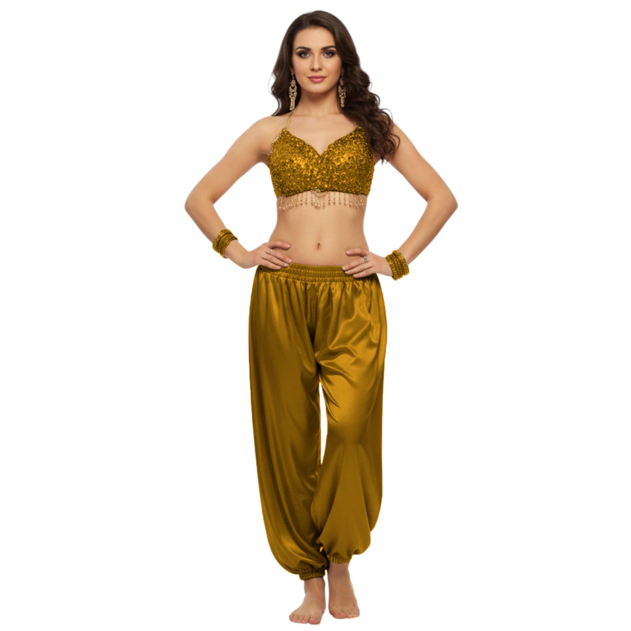 MEEK MERCERY BY KF Satin Belly Dance Harem Boohoo Pant – Elastic Waist, S to 5XL – 41 Colours – Flowing Performance Costume for Stage, Bollywood, Cosplay, Festival & Lounge Wear Gold