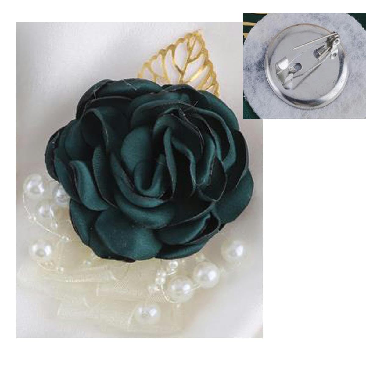 NANZU Corsage di fiori in foglia d'oro per polso verde scuro con catena di perle Sposa damigella d'onore braccialetto di fiori da polso Corpetto artificiale da sposa