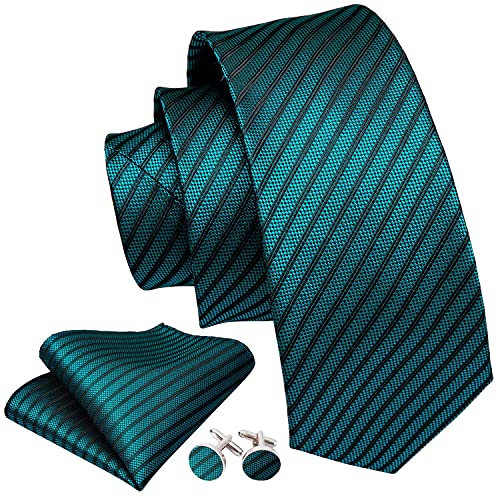 Image of Barry.Wang Tie Sets for Men Silk Stripe Necktie Woven Checkered Handkerchief Cufflinks Formal Business Wedding