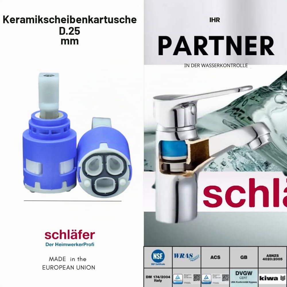 Schläfer 480051 | Universal keramik-ersatzkartusche k25-OPS, Kartusche für Wasserhahn Hochdruck 25mm und Küchenarmatur, Ersatz-Kartusche diam25mm Kerox mit 2 Füße, Hebel aus Kunststoff