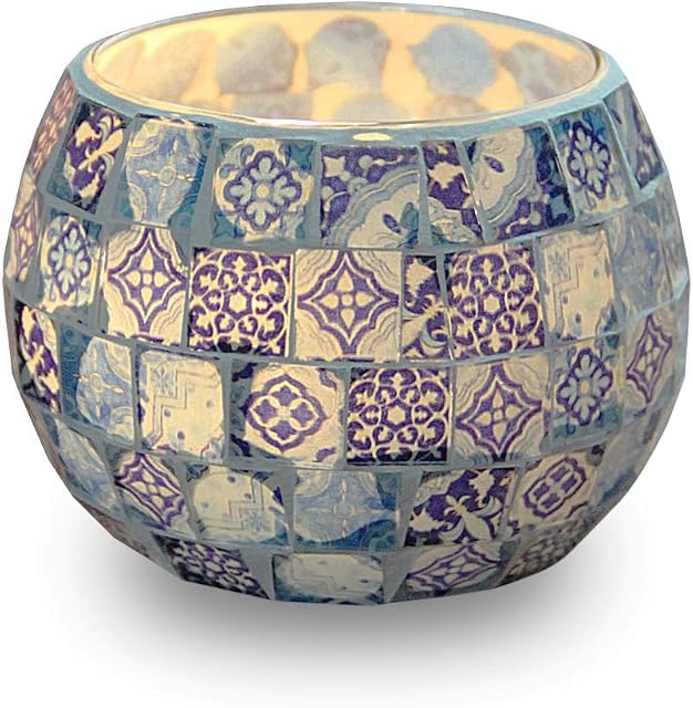 AIFUSI Candle Tea Light Holder, Blue-and-white Pattern Glass Handmade Candle Stands, Mosaic Style Decoration for Party Wedding Birthday Gift