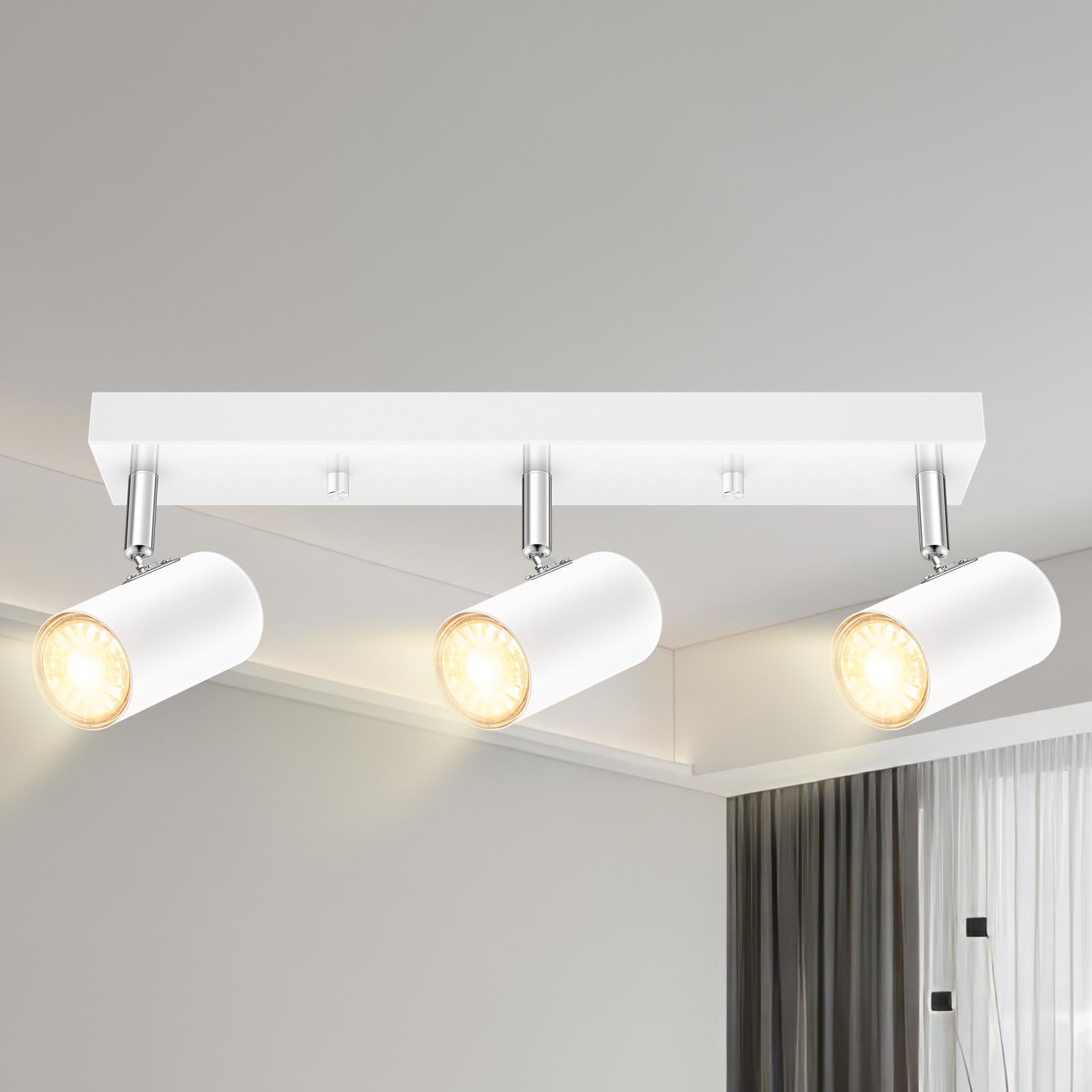 Plug in Track Lighting, 3 Light Ceiling Lighting Kit, White 3 Way Modern Wall Spotlight, 15 FT Cord,Flexibly Rotatable Complete Light Kits for Kitchen Cabinet Gallery Bar Living Room（No Bulb）