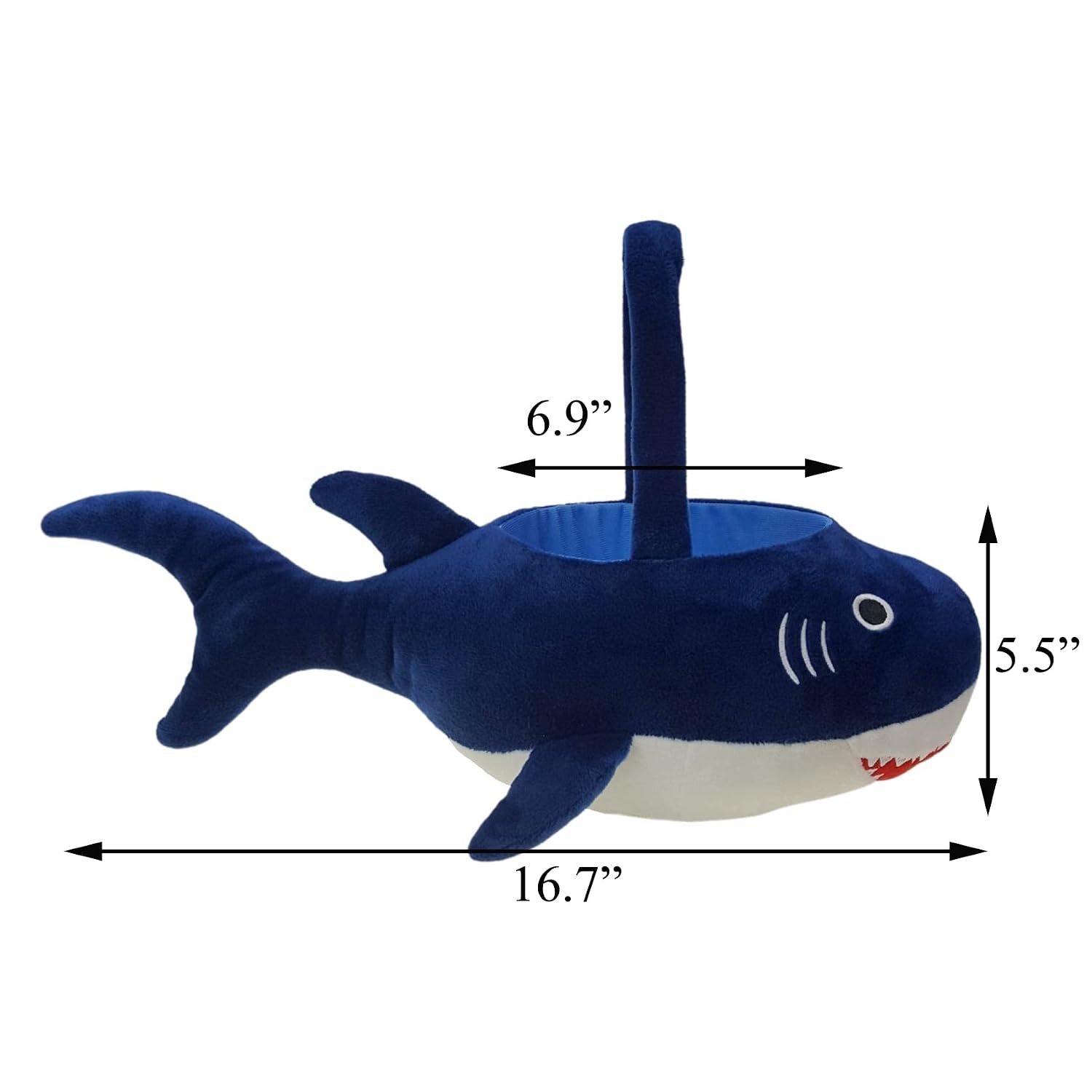 Exquisite Embroidery 3D Plush Shark Basket - Personalized Halloween Basket Trick or Treat Bag Candy Bucket - Blue, Round, Velvet