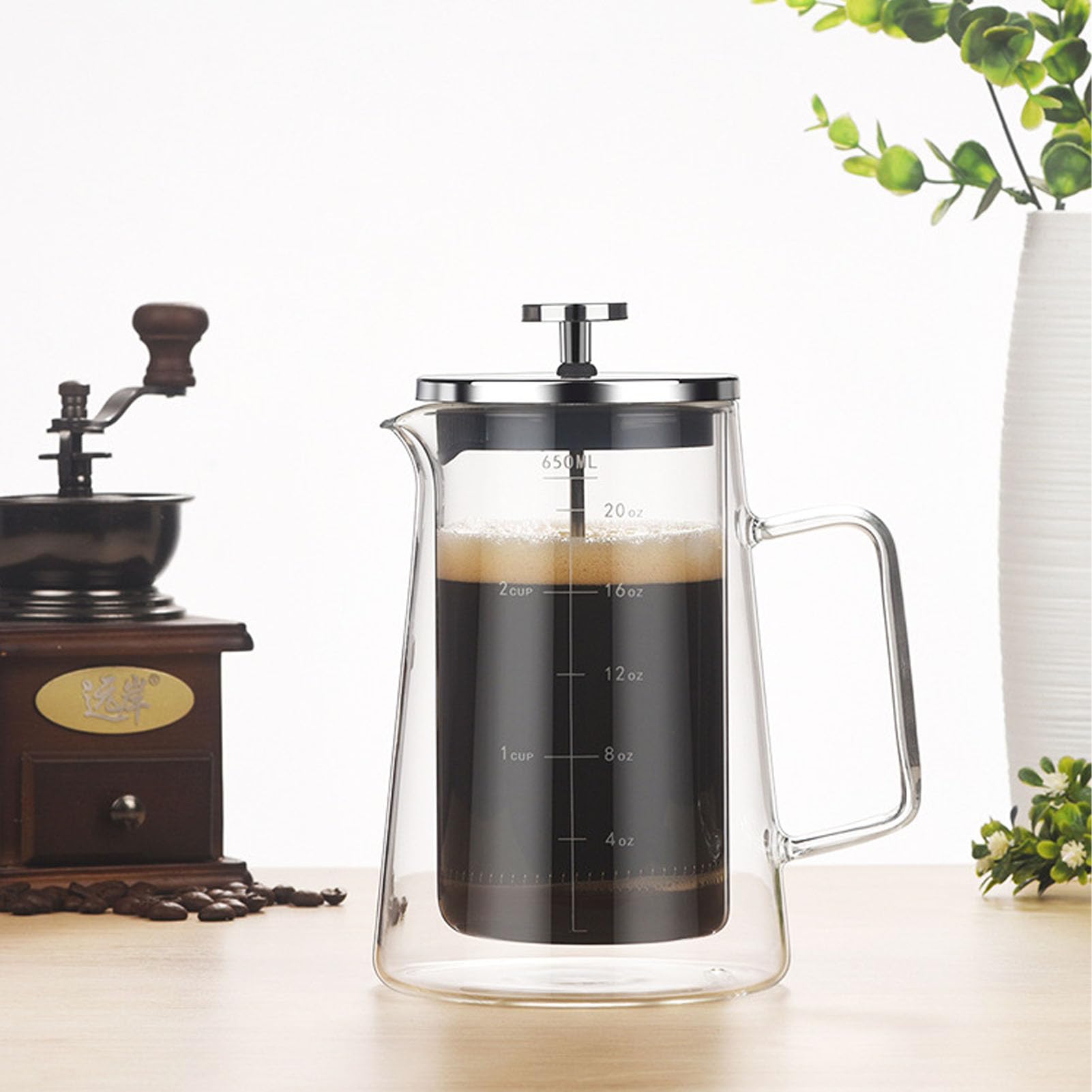 Ekspres do kawy French Press Szkło borokrzemianowe z podwójną ścianką 650 ml Odporny na wysokie temperatury zaparzacz do kawy z wylewką w kształcie litery V i uchwytem drabinkowym