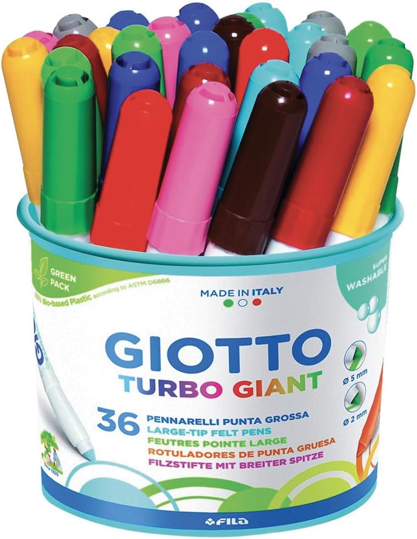 GIOTTOTurbo Giant Super Washable Felt Tip Fibre Pens, Conical Tip Nib 7.5mm, 36 Assorted Colours, Ideal for Children, Parties and Schools