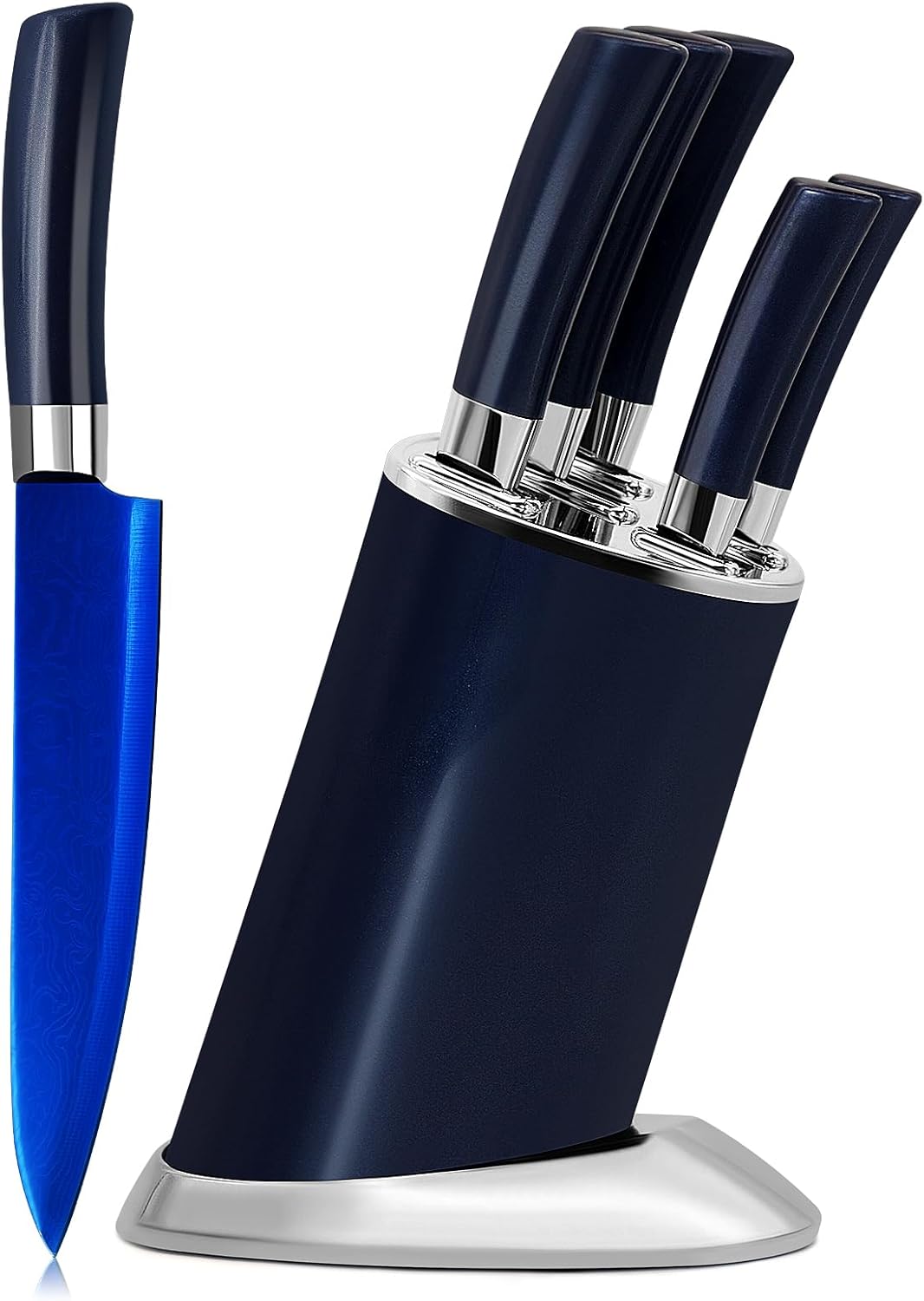 Knife Set, 6Pcs Kitchen Non Stick Knives Set with Block Stainless Steel Thick Blade Cutlery Knife Block Sets with Bread Knife, Chef Knife, Sharp Quality Plastic Knife Block Blue Handle and Blade Knife Set, 6Pcs Kitchen Non Stick Knives Set with Block Stainless Steel Thick Blade Cutlery Knife Block Sets with Bread Knife, Chef Knife, Sharp Quality Plastic Knife Block Blue Handle and Blade