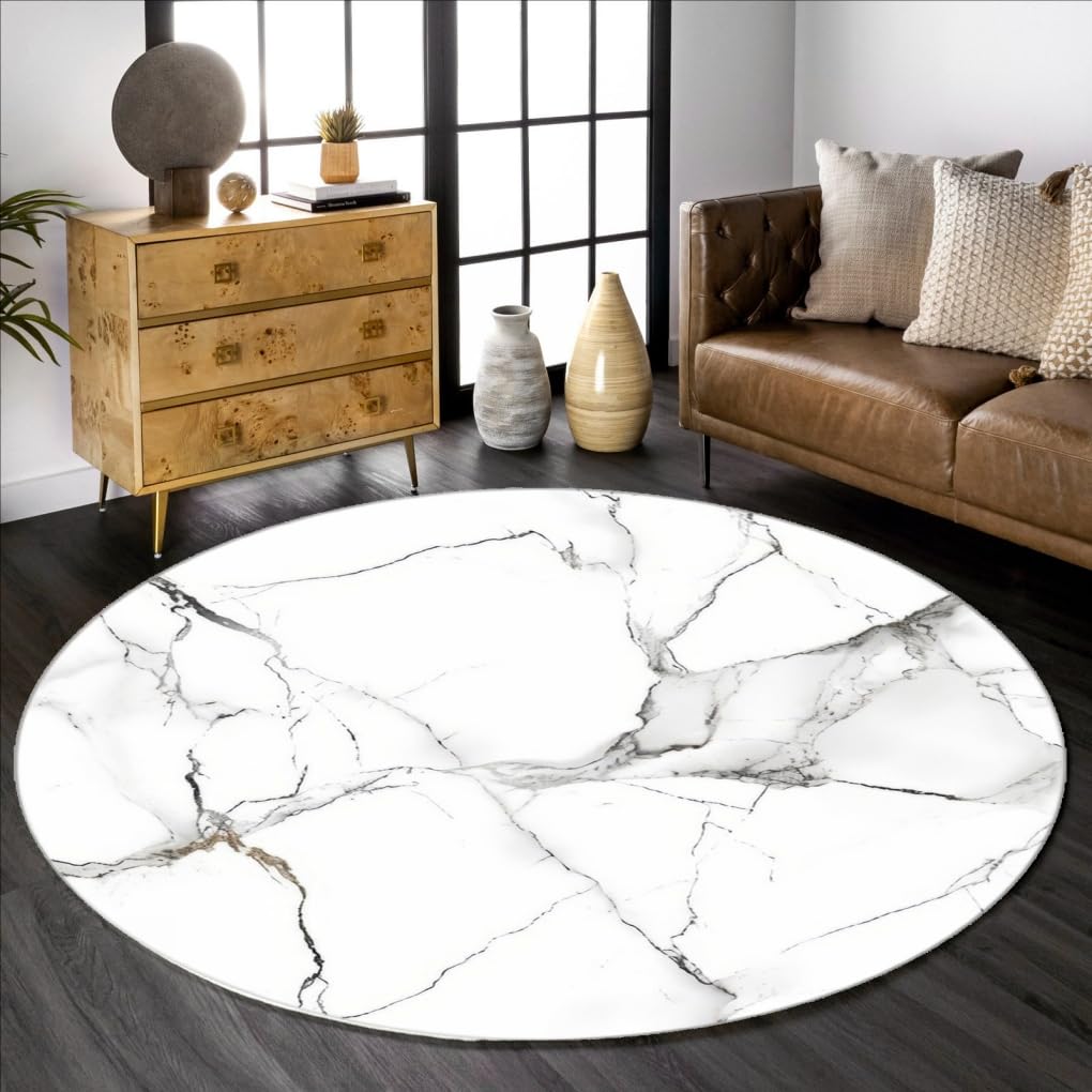 White Grey Marble Textured Round Area Rug 5ft Ultra Soft Faux Wool Modern Abstract Circle Rug for Living Room Bedroom Diningroom Minimalist Art Deco