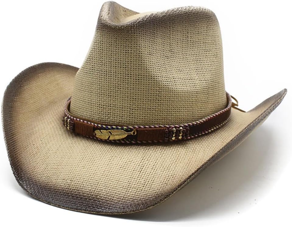 Western Cowboy Hat with Feather Band, Vintage Brown Straw, Wide Brim